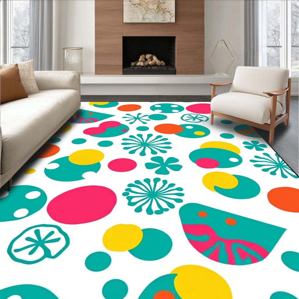 Whimsical Teal Pink Yellow Shapes Rug