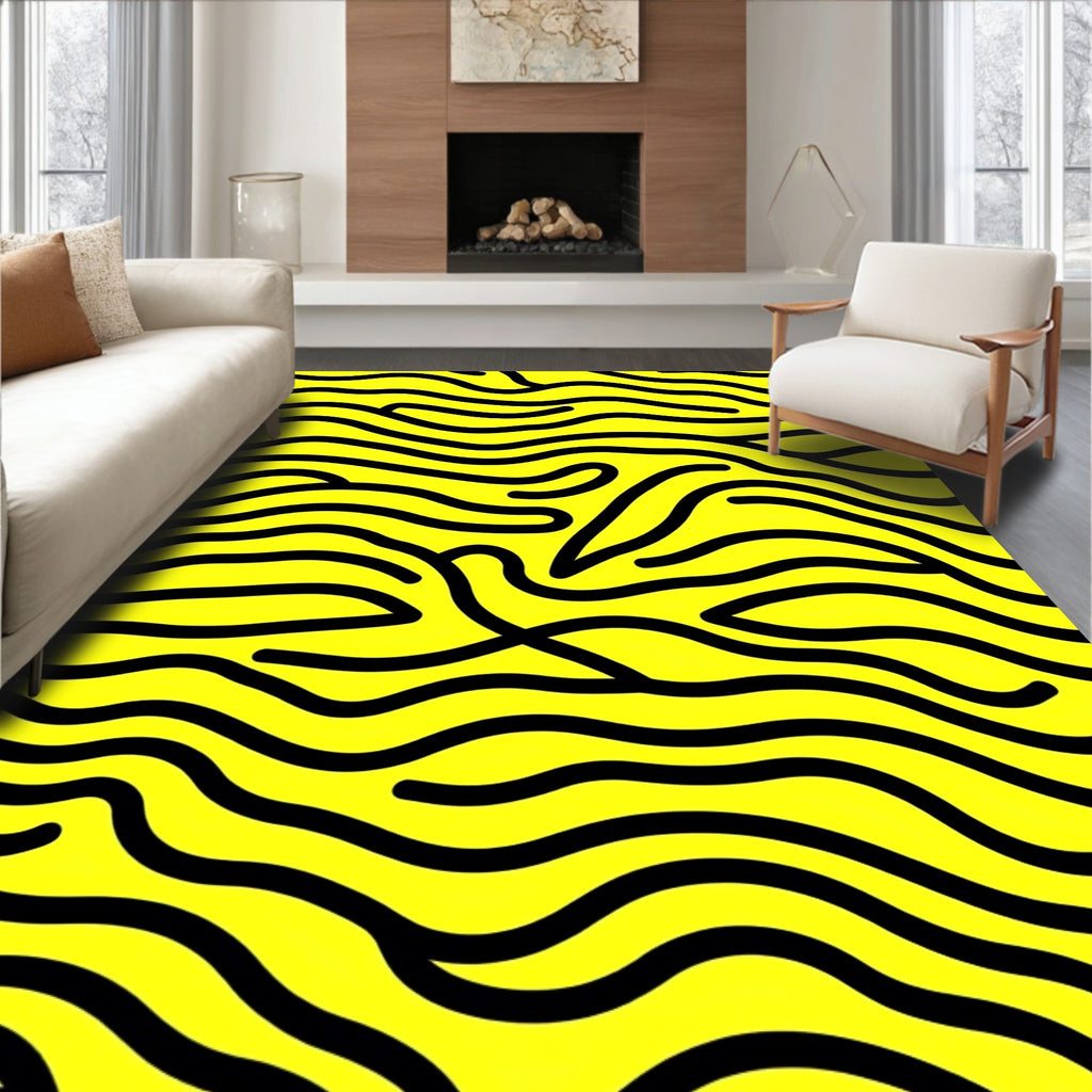 Yellow Black Abstract Curved Lines Rug