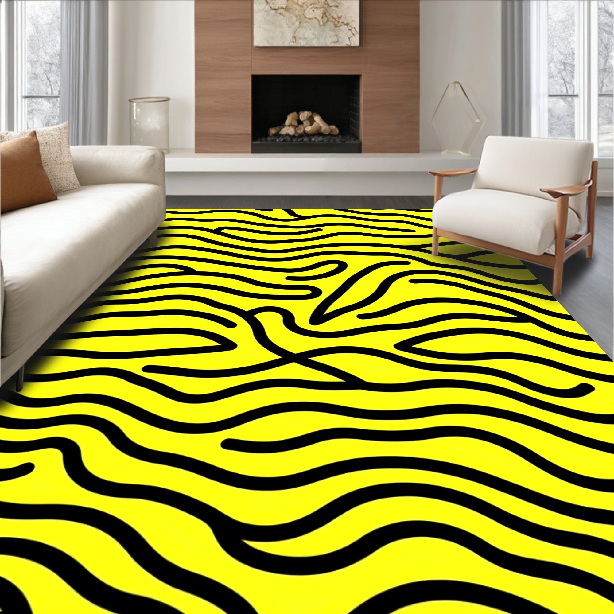 Yellow Black Abstract Curved Lines Rug