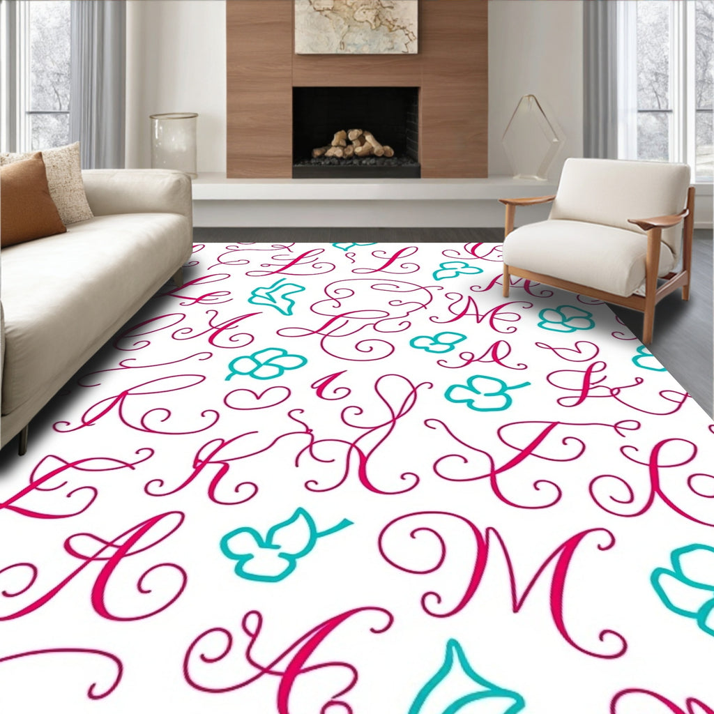 Cursive Alphabet Floral Whimsical Pink Teal Rug