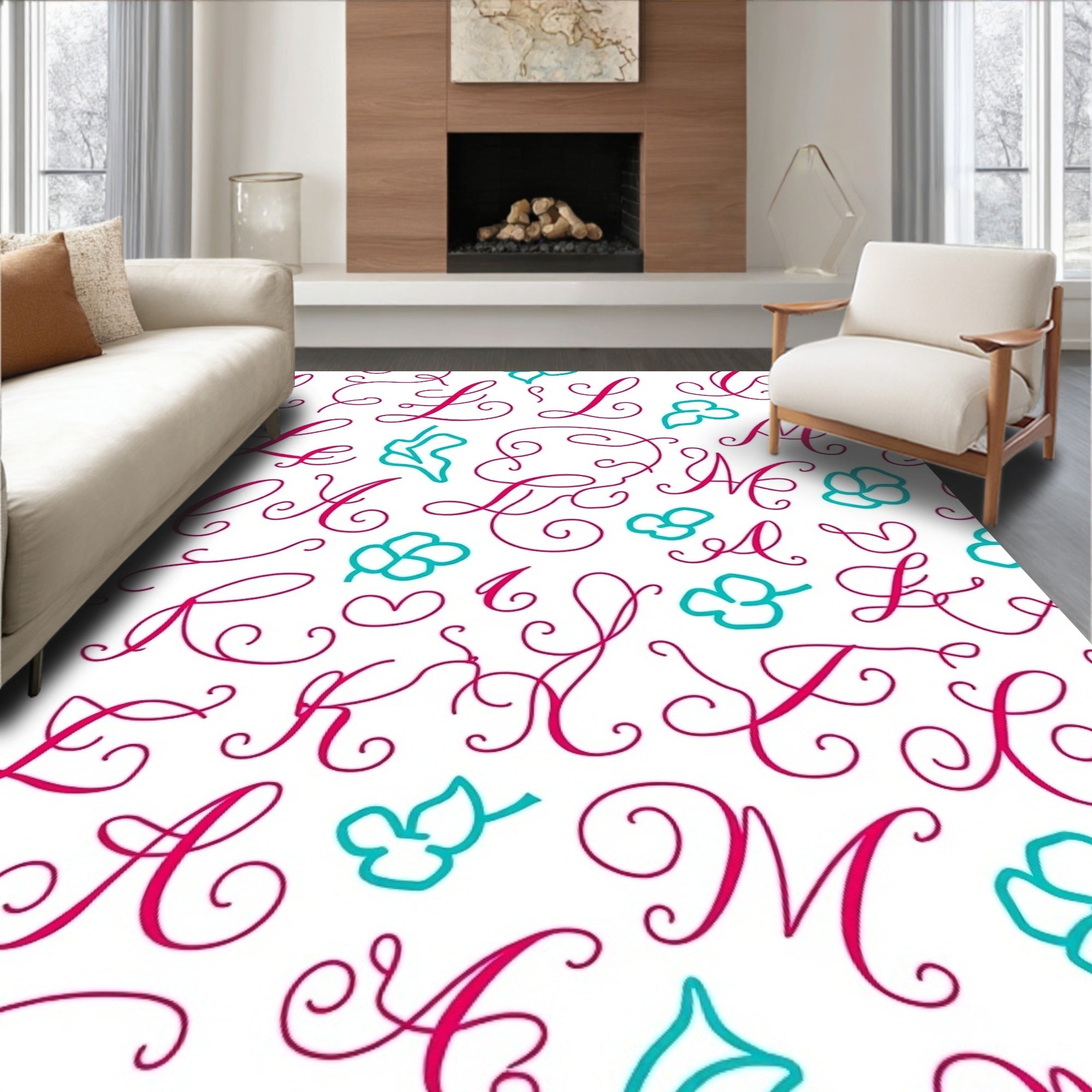 Cursive Alphabet Floral Whimsical Pink Teal Rug