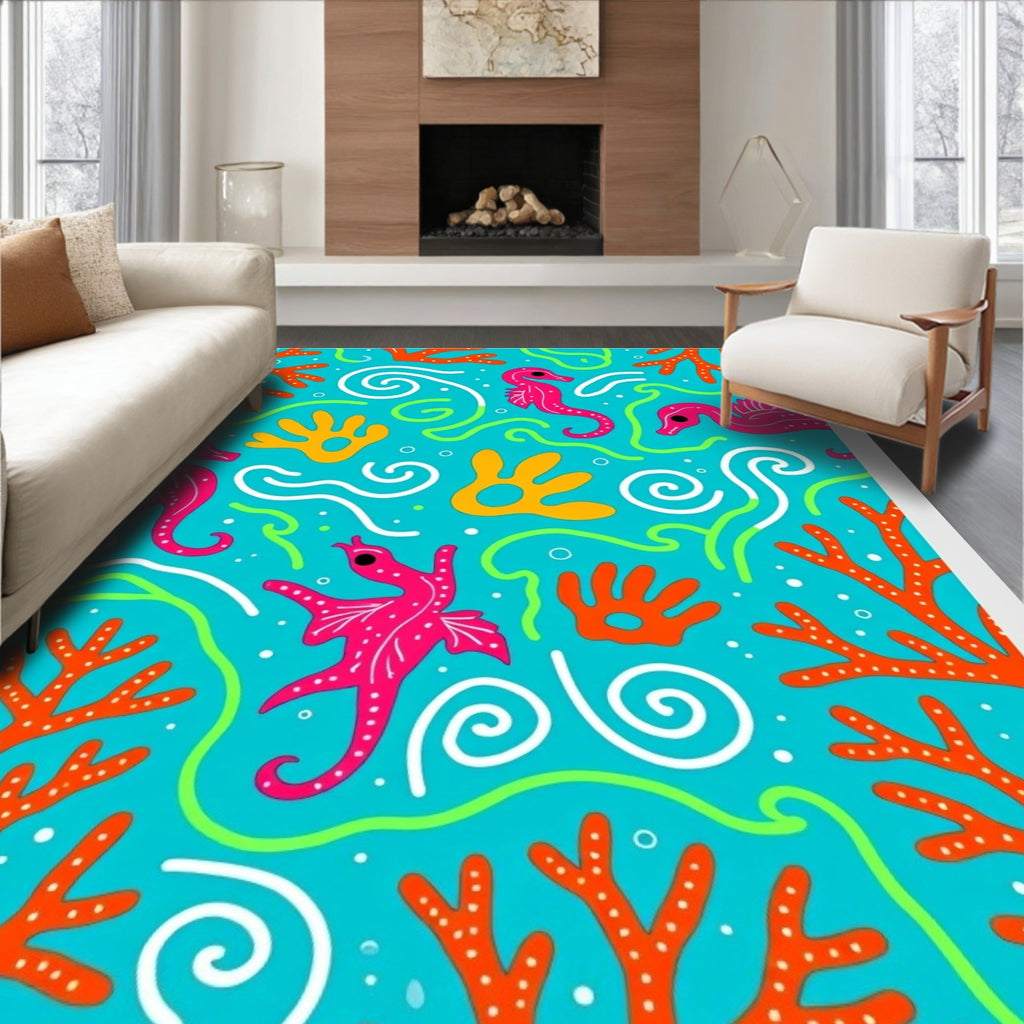 Bright Teal Seahorse Coral Swirls Rug
