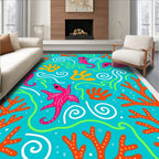Bright Teal Seahorse Coral Swirls Rug
