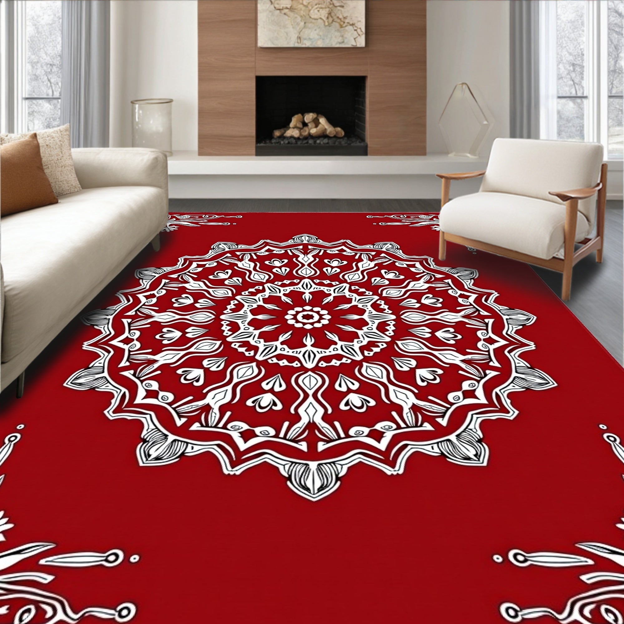 Vibrant Red Intricate Mandala Rug