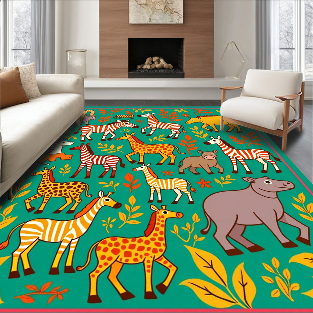 Whimsical Safari Animals Green Floral Border Rug