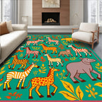 Whimsical Safari Animals Green Floral Border Rug