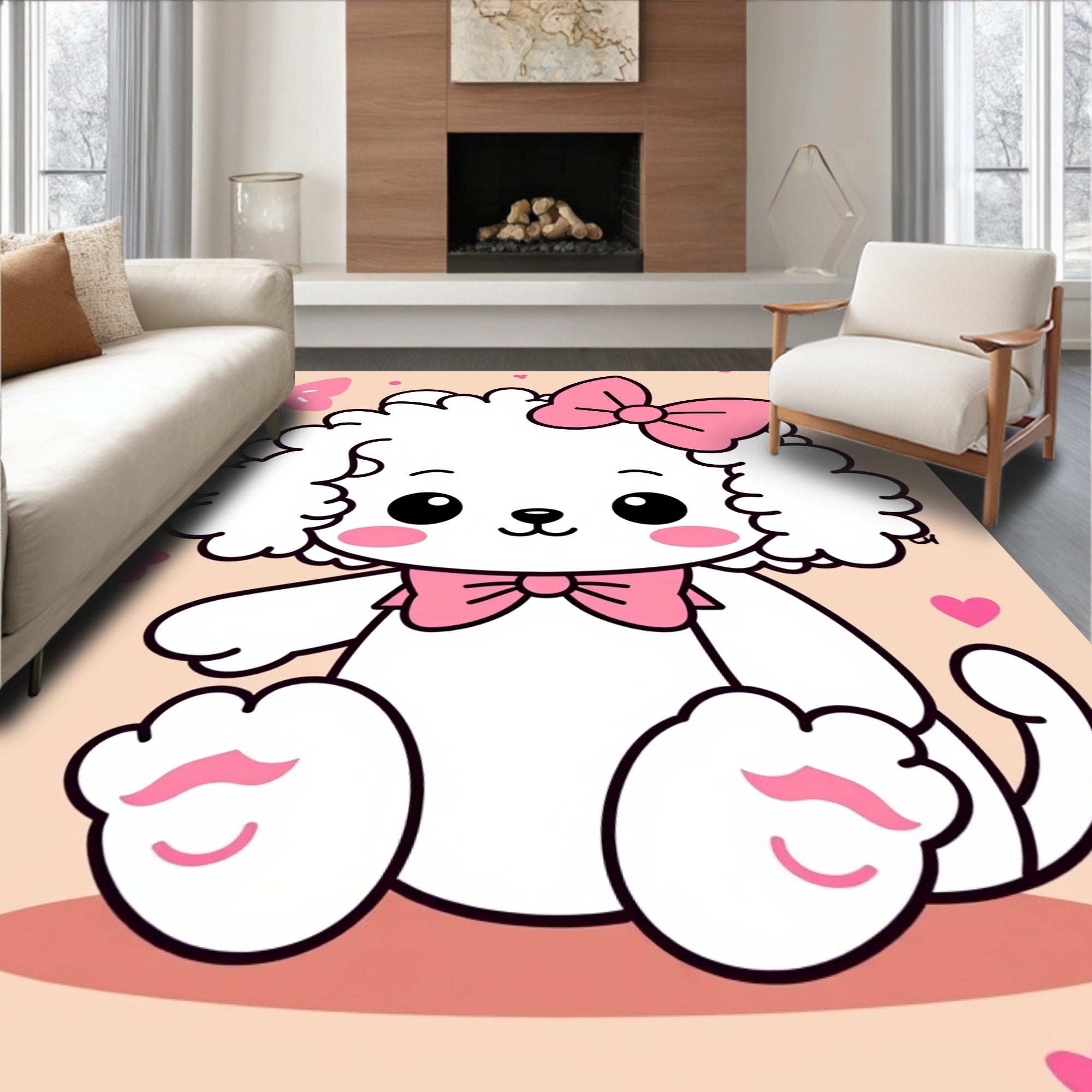 Cute Pink Bow White Puppy Rug
