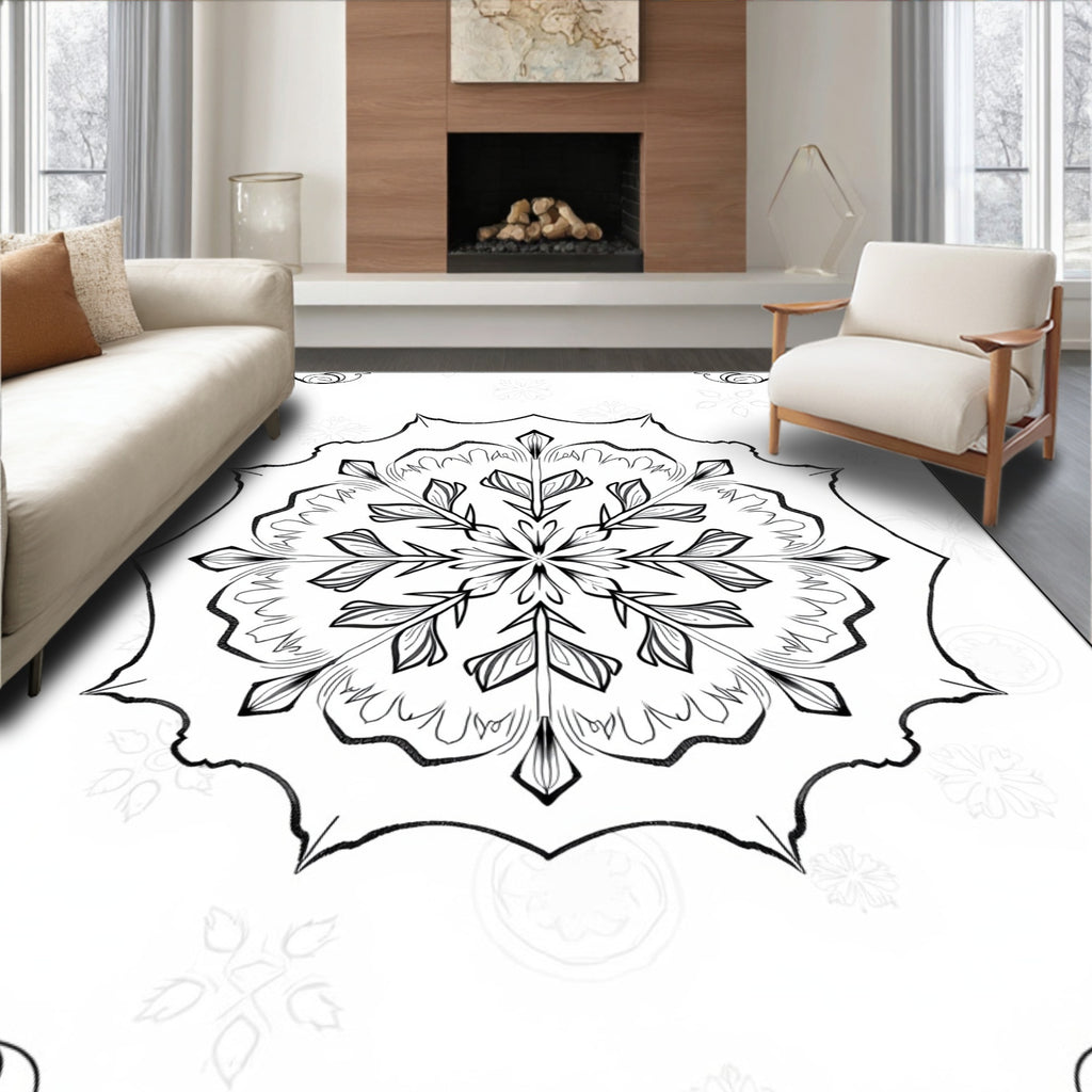 Black White Snowflake Mandala Corner Accents Rug