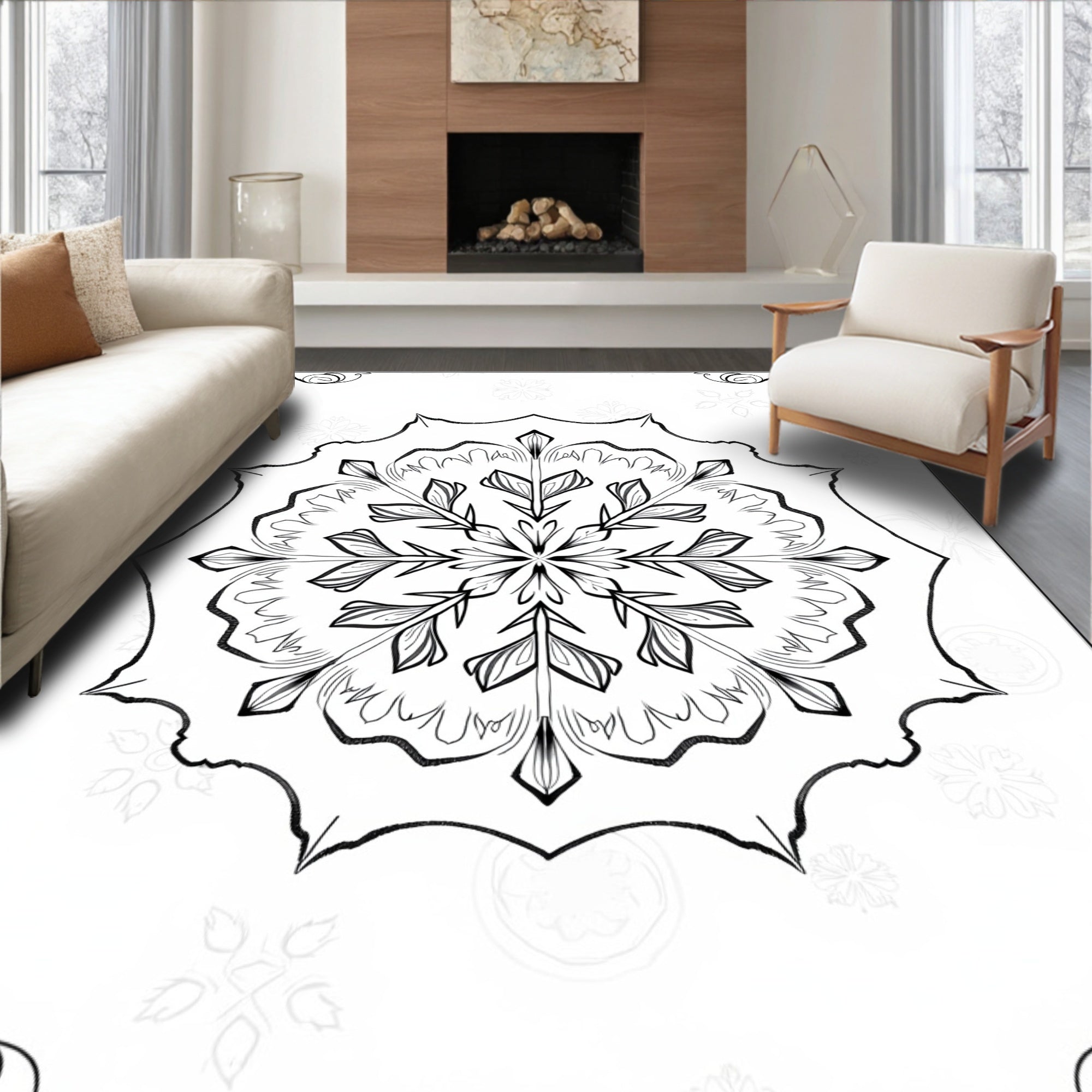 Black White Snowflake Mandala Corner Accents Rug