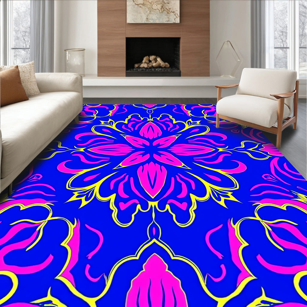 Bright Blue Pink Yellow Floral Medallion Rug
