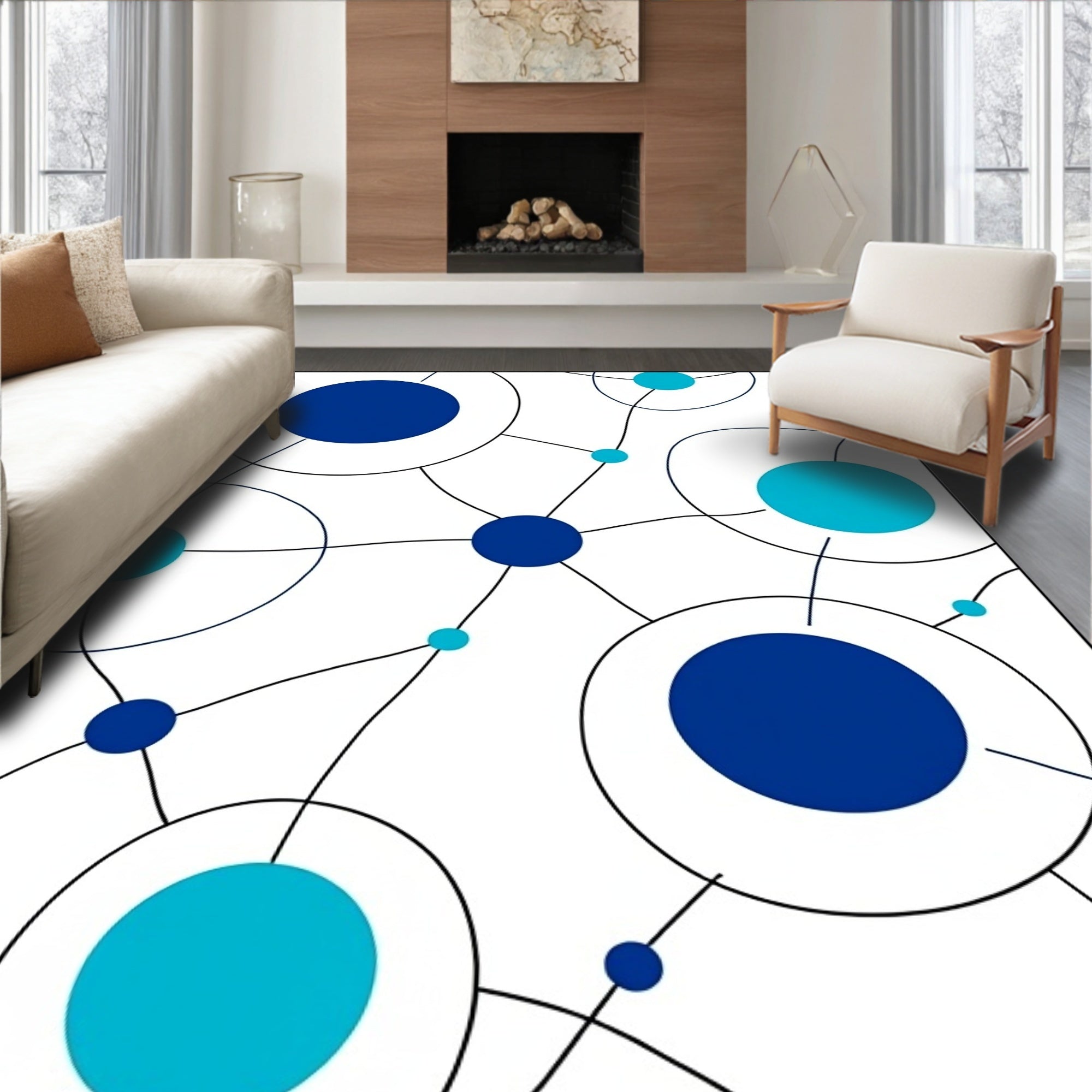 Connected Blue Circles Network Rug