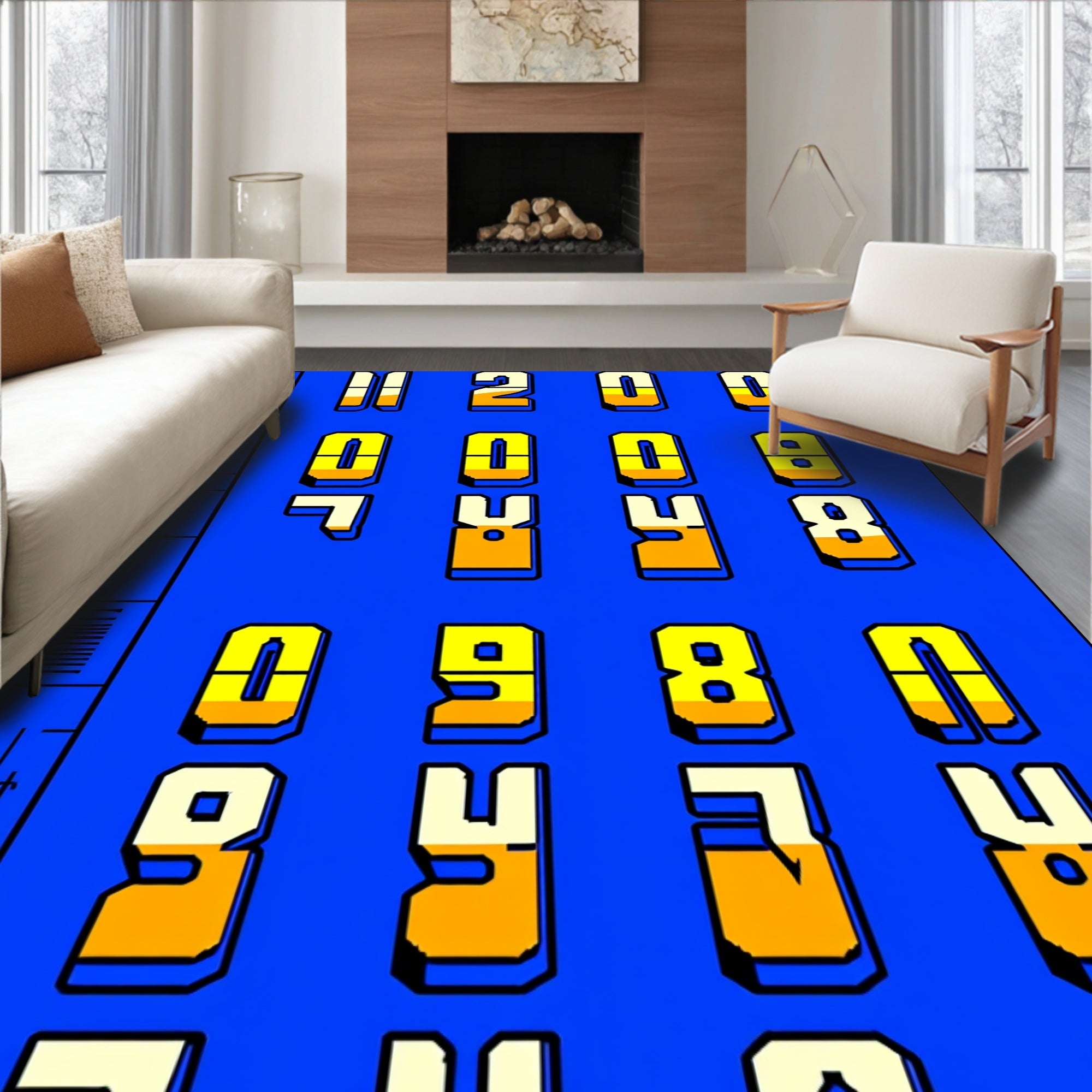 Bold Blue Yellow Geometric Numbers Rug