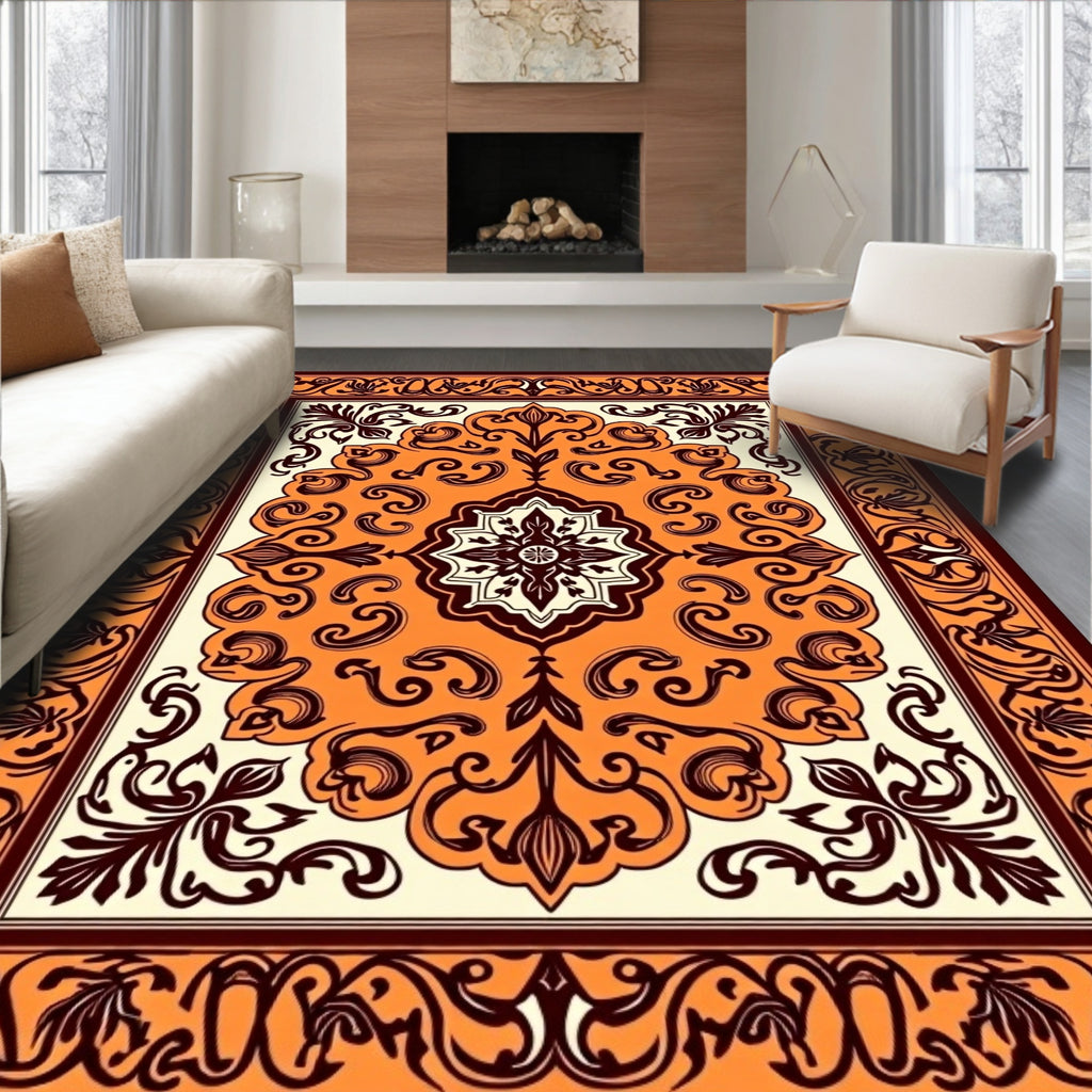 Vibrant Orange and Burgundy Floral Rug