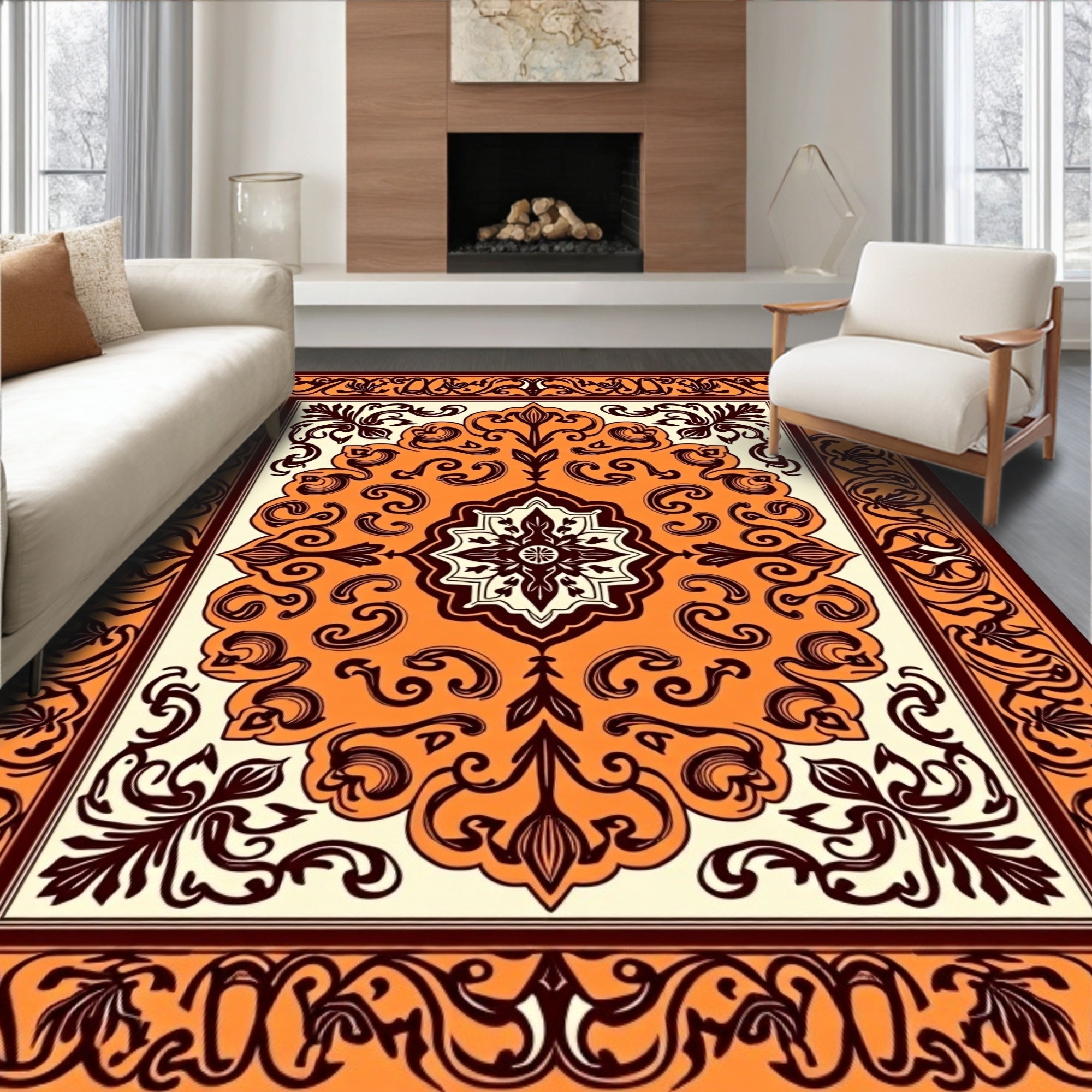 Vibrant Orange and Burgundy Floral Rug