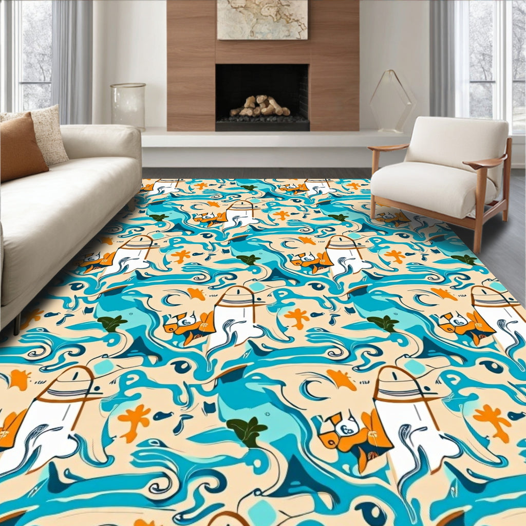 Playful Coastal Surfer Cartoon Scene Rug