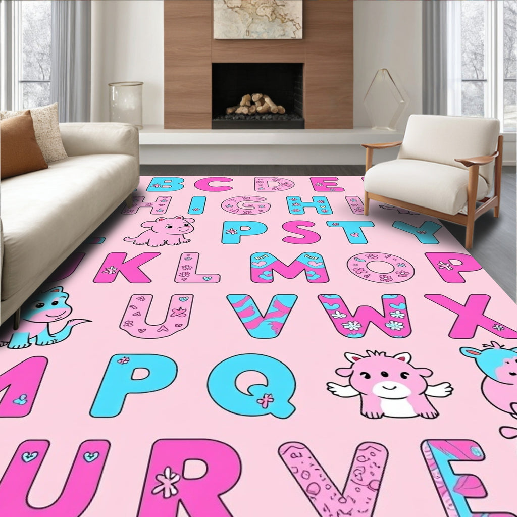 Playful Pink Blue Alphabet Characters Rug
