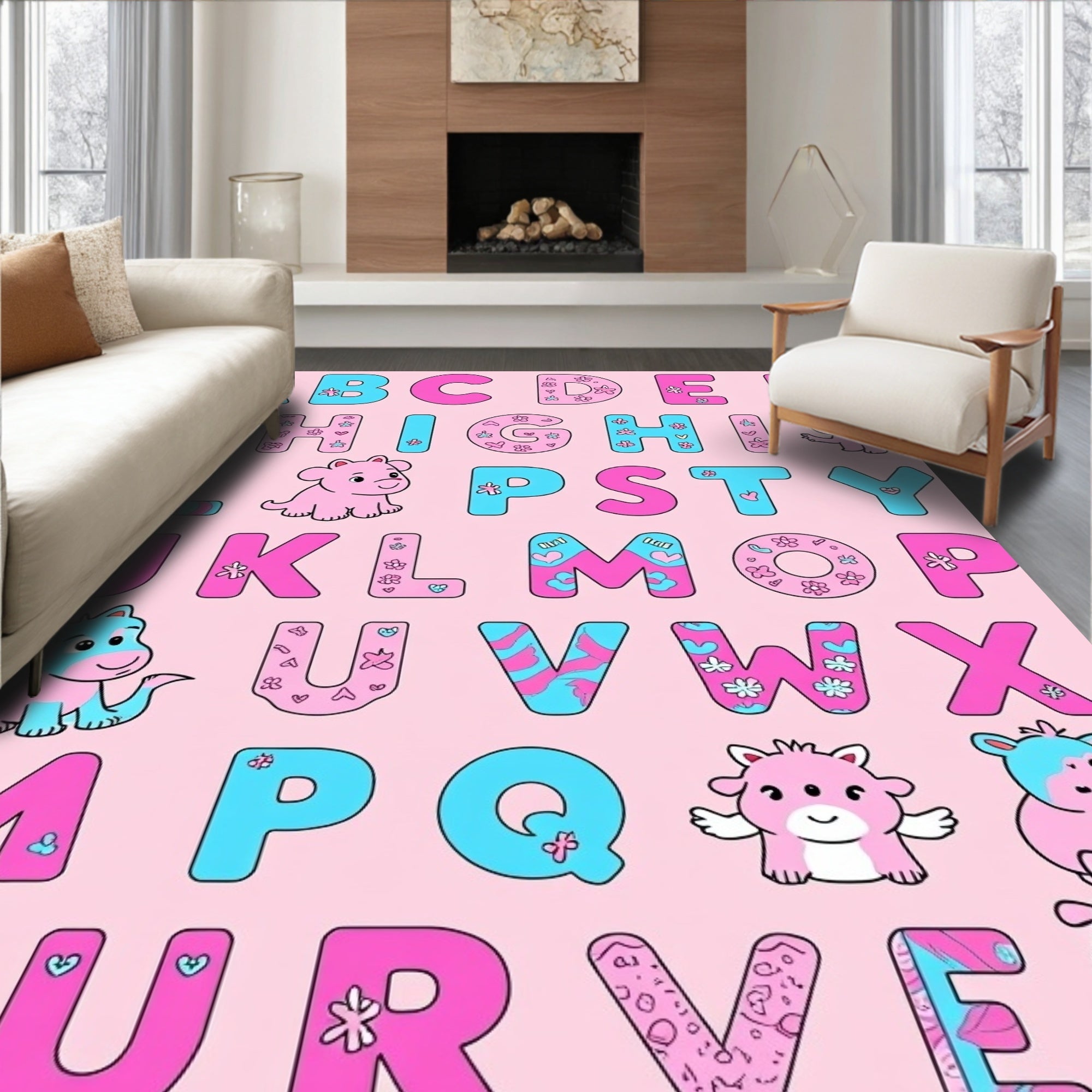 Playful Pink Blue Alphabet Characters Rug