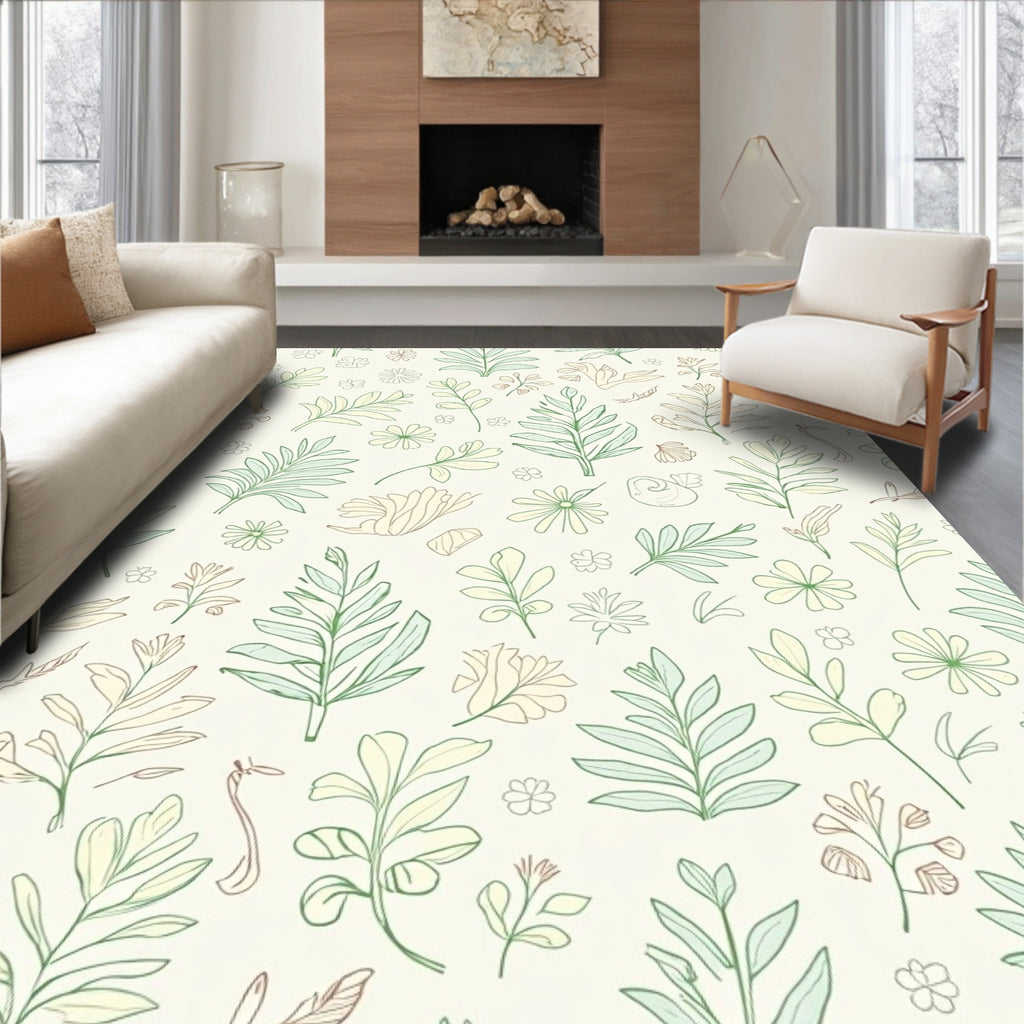 Delicate Green Leafy Botanical Sketch Rug