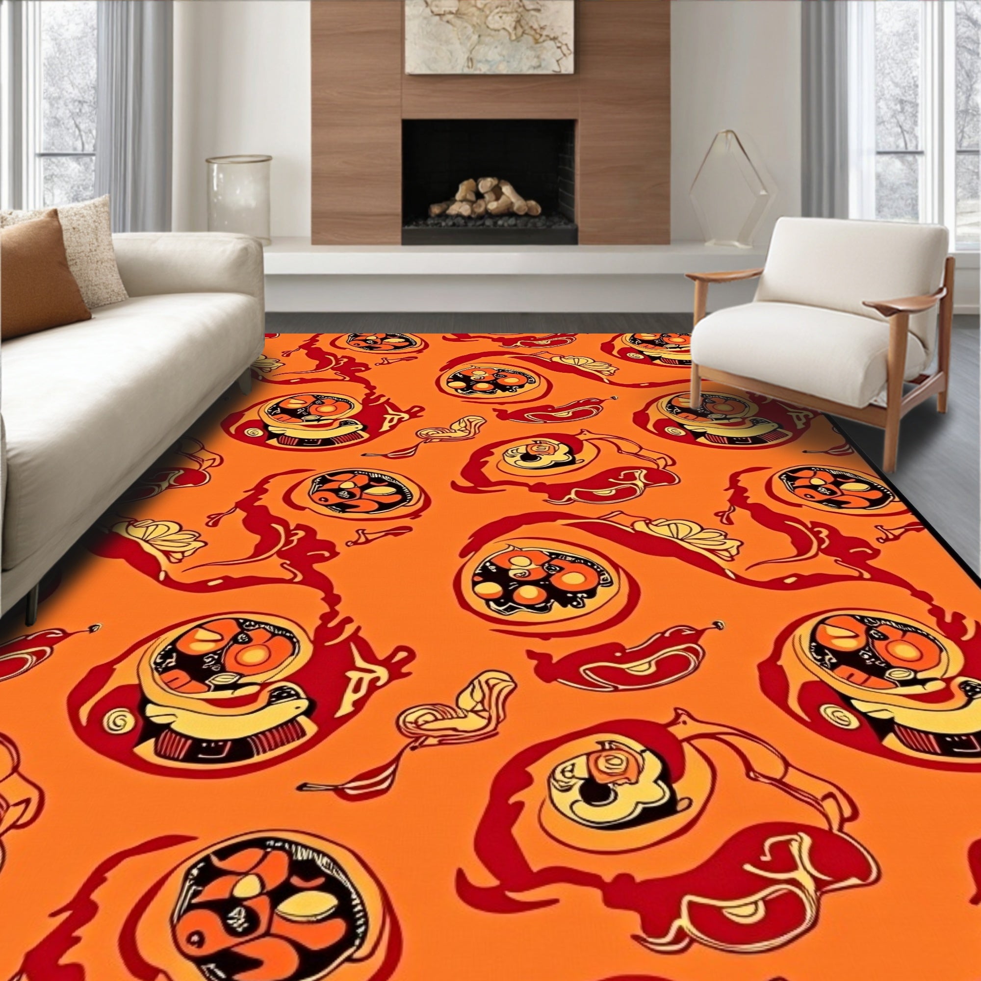 Crimson Orange Abstract Swirl Medallion Rug