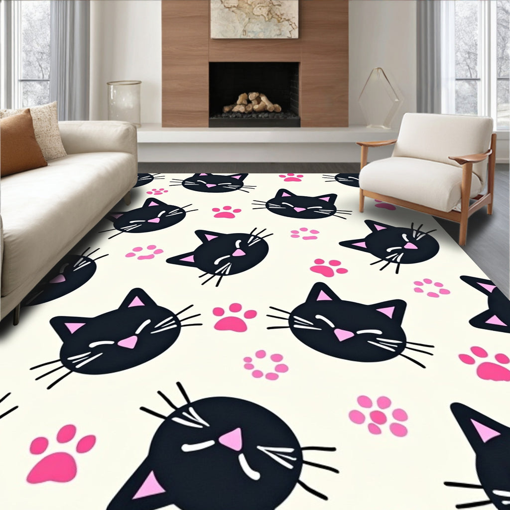 Cute Black Kitties Pink Paw Prints Rug
