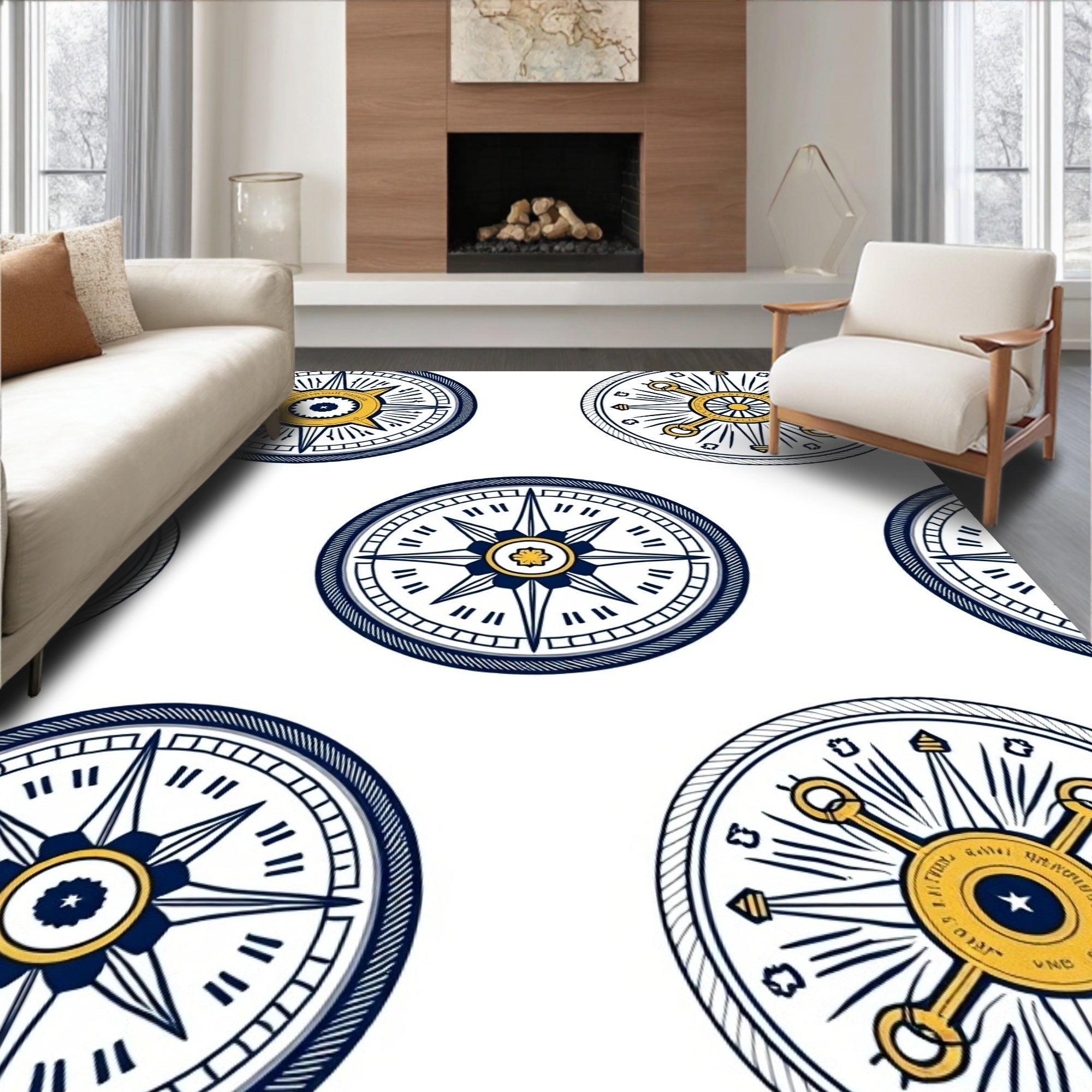 Navy Blue Golden Compass Graphic Rug