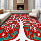 White Tree Red Teal Foliage Art Rug