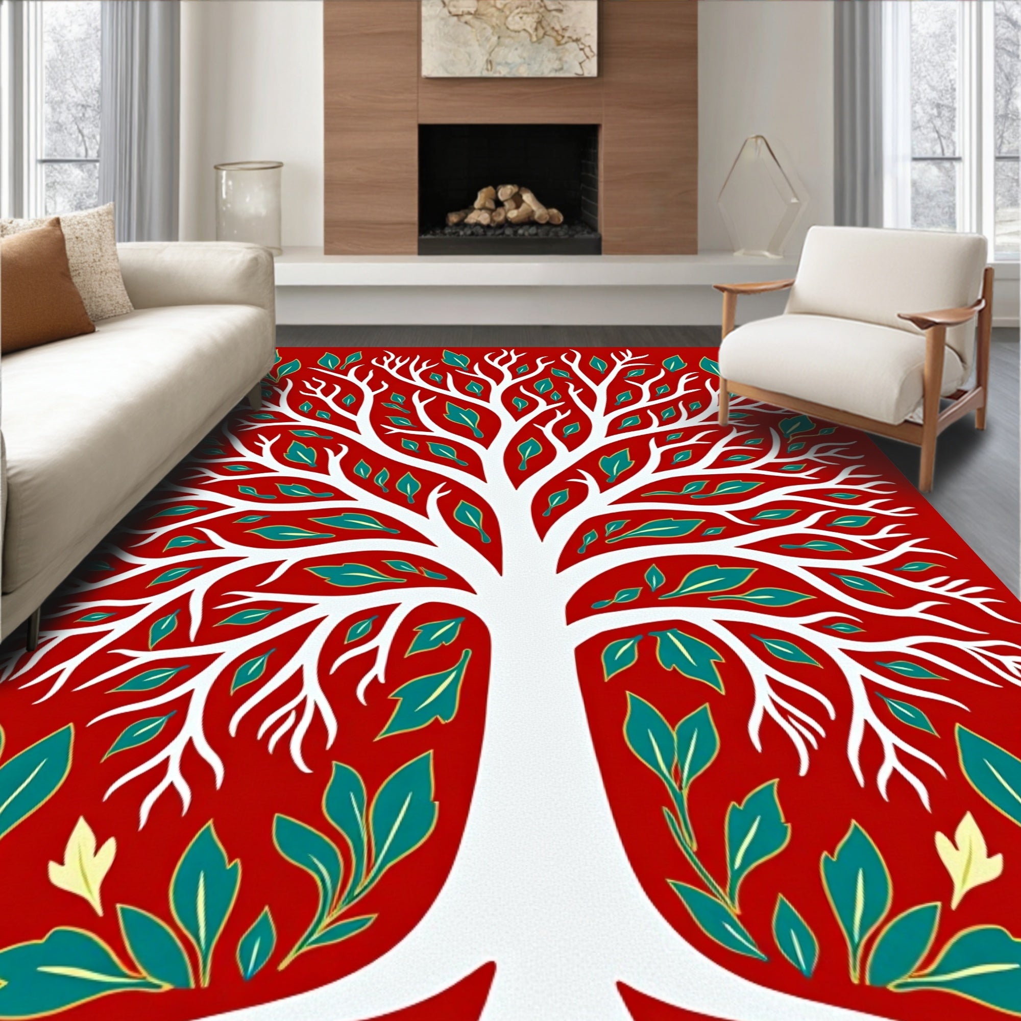 White Tree Red Teal Foliage Art Rug