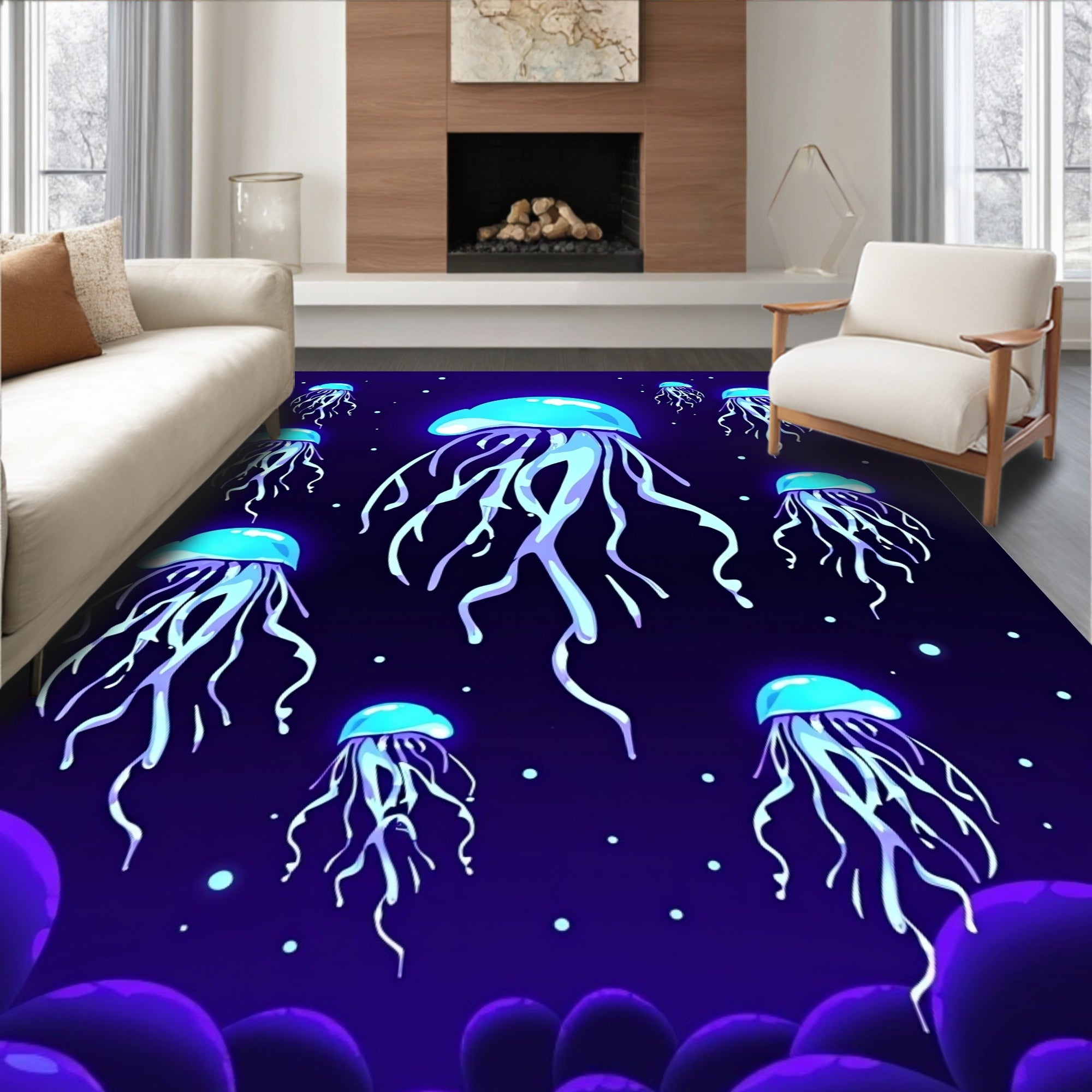 Electric Blue Jellyfish Deep Sea Swirl Rug