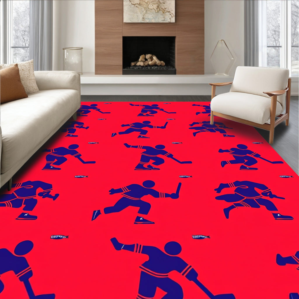 Red Blue Hockey Players Repeating Pattern Rug