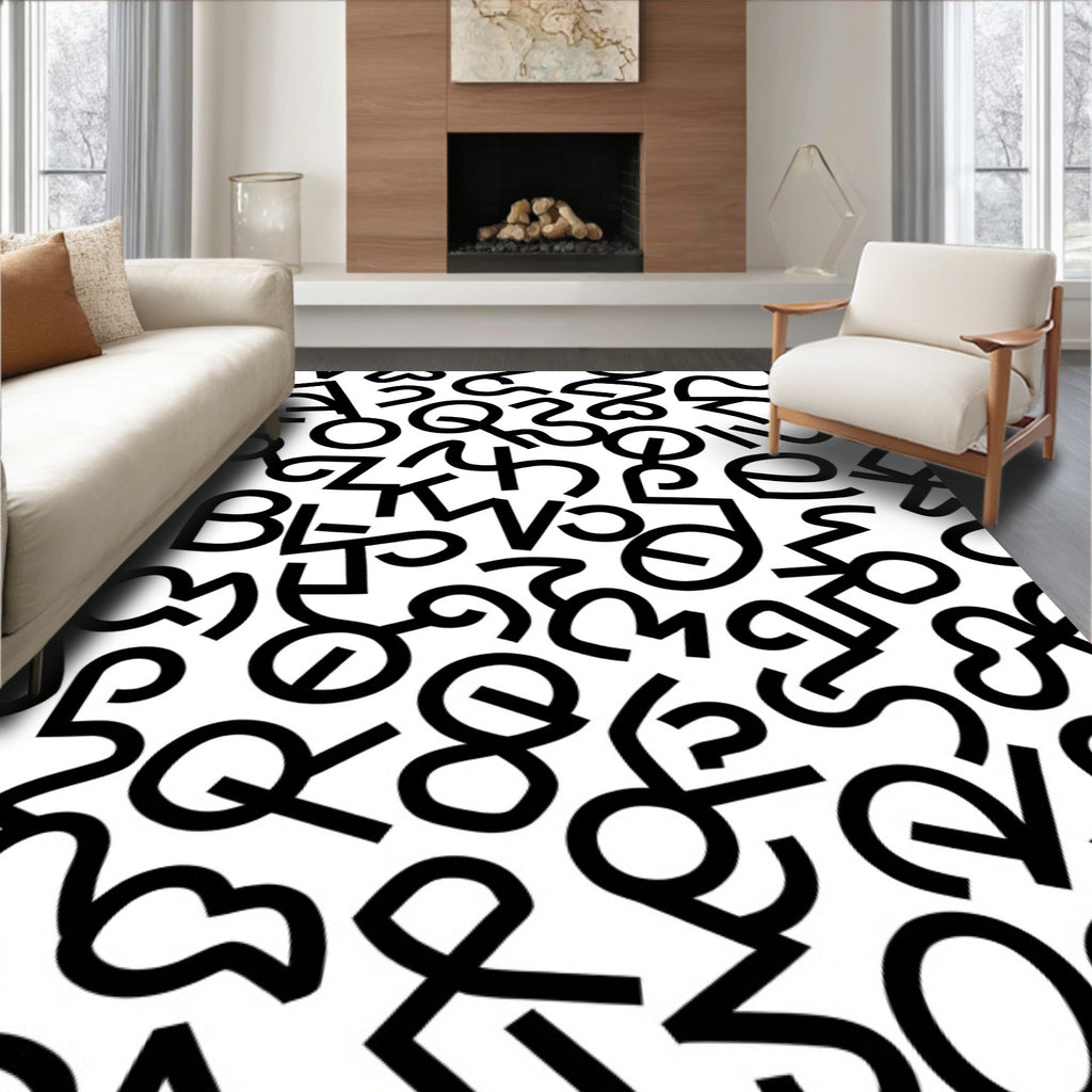Black White Abstract Typographic Collage Rug