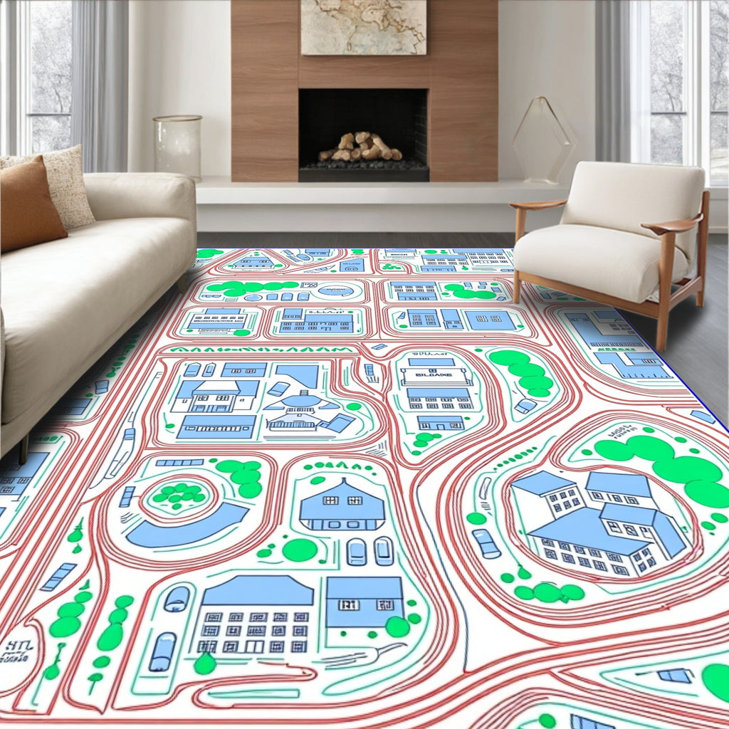 Blue Cityscape Buildings Red Roads Rug