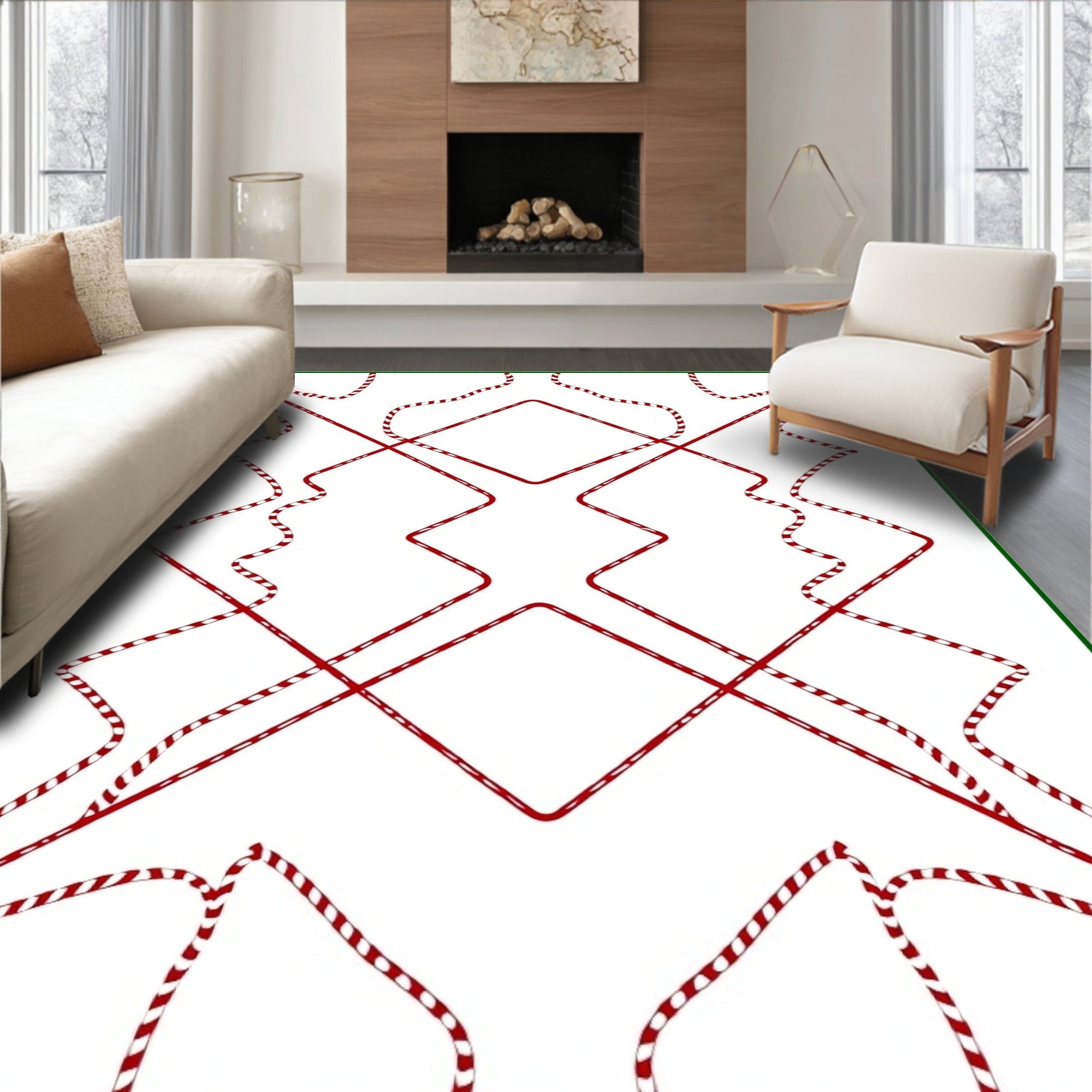 Red Wavy Geometric Diamond Rug