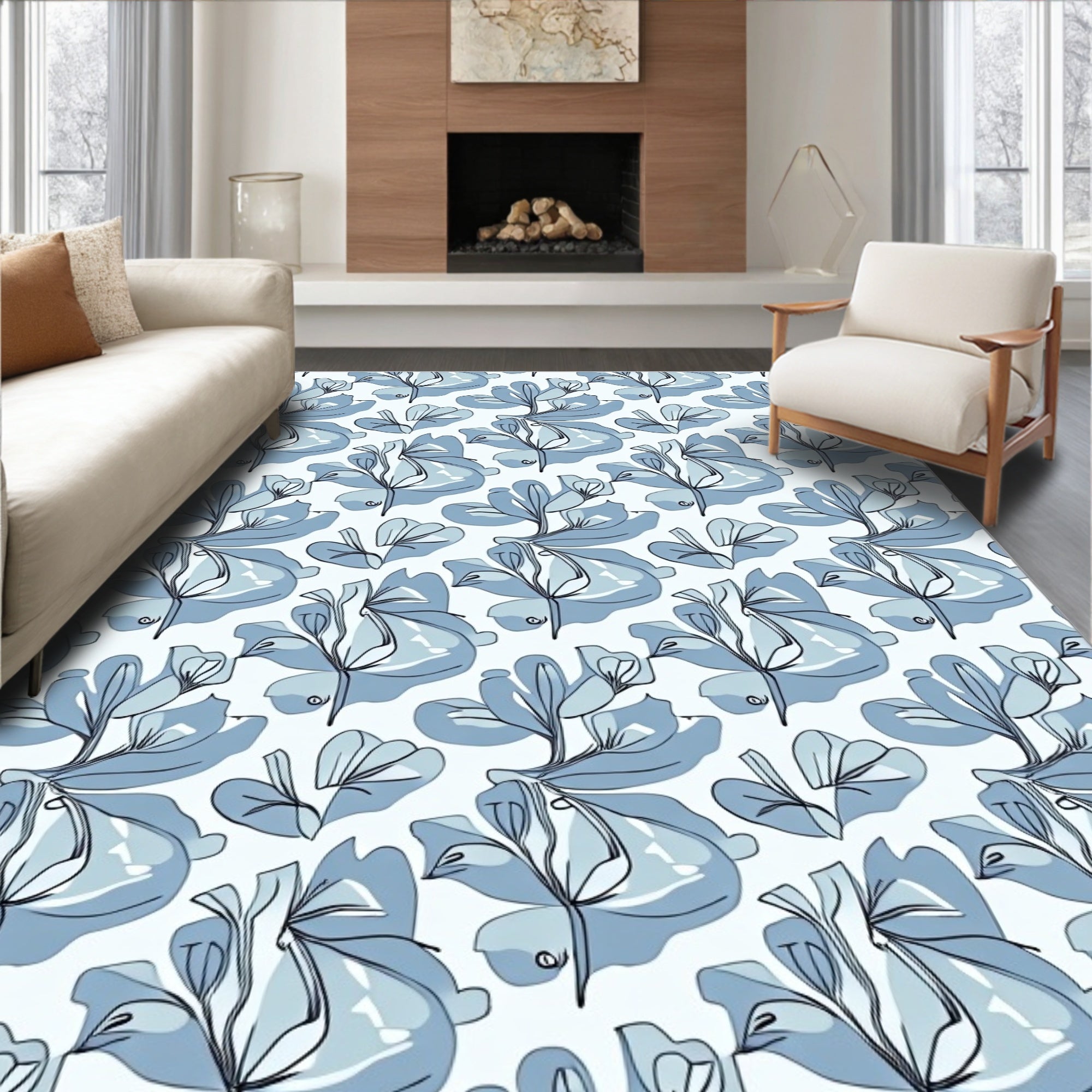 Soft Blue Botanical Outline Cluster Rug