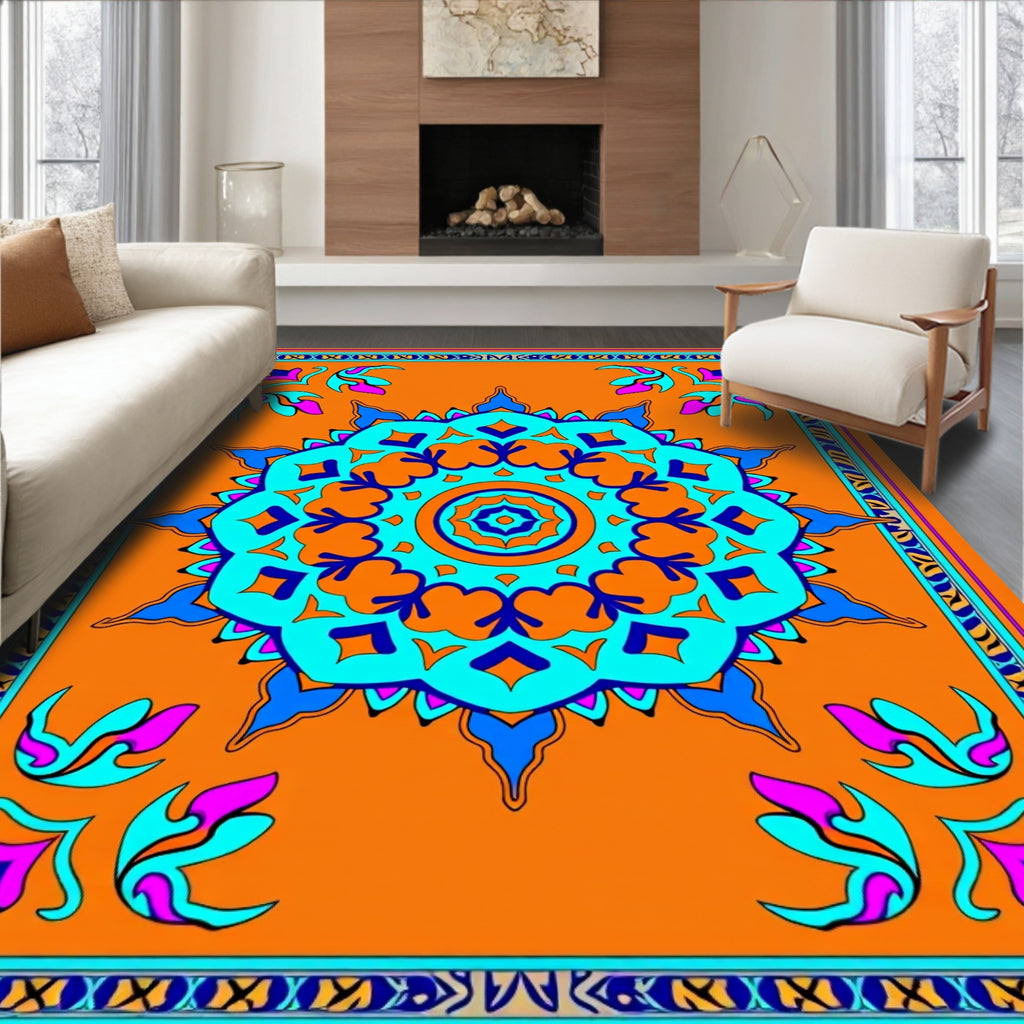 Vibrant Orange Teal Floral Mandala Rug