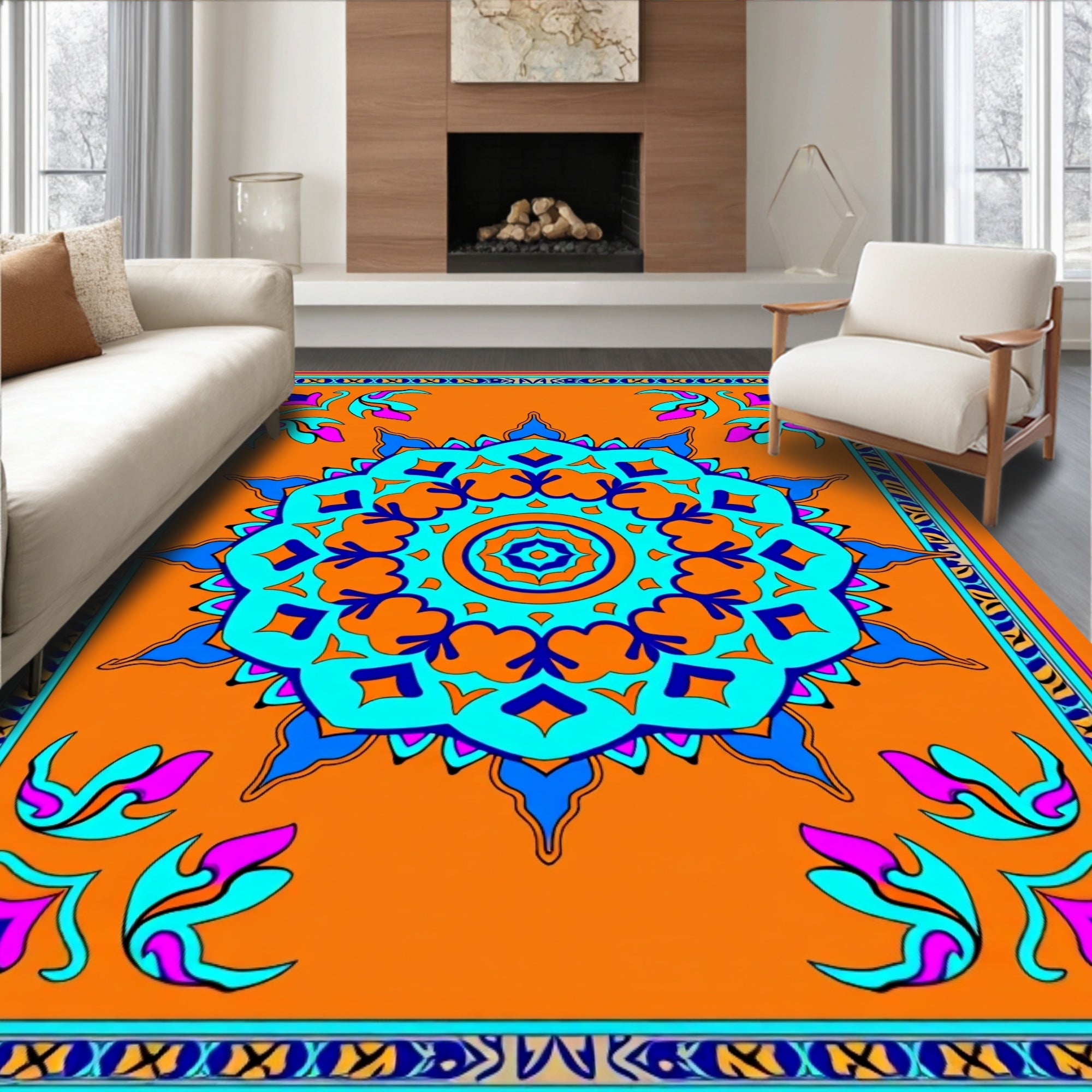 Vibrant Orange Teal Floral Mandala Rug