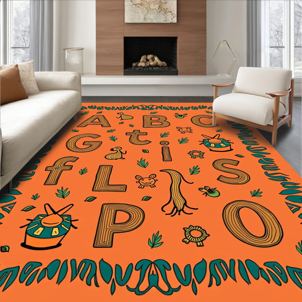 Alphabet Safari Animals Tribal Border Rug
