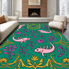 Whimsical Pink Axolotl Floral Border Rug