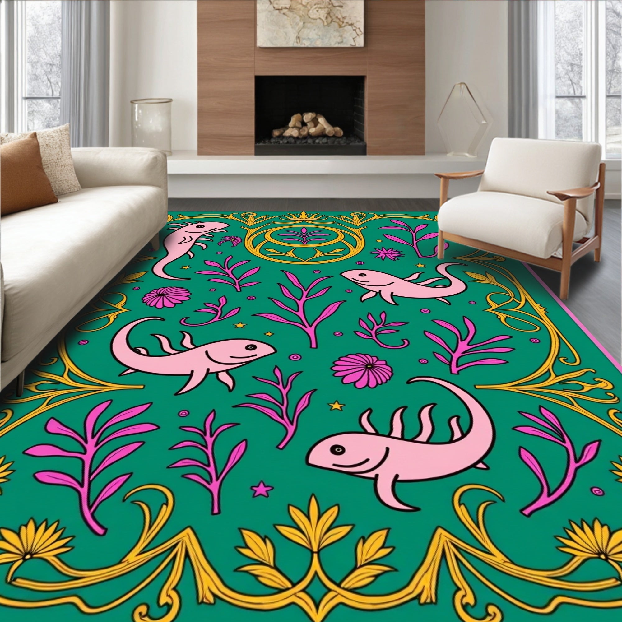 Whimsical Pink Axolotl Floral Border Rug