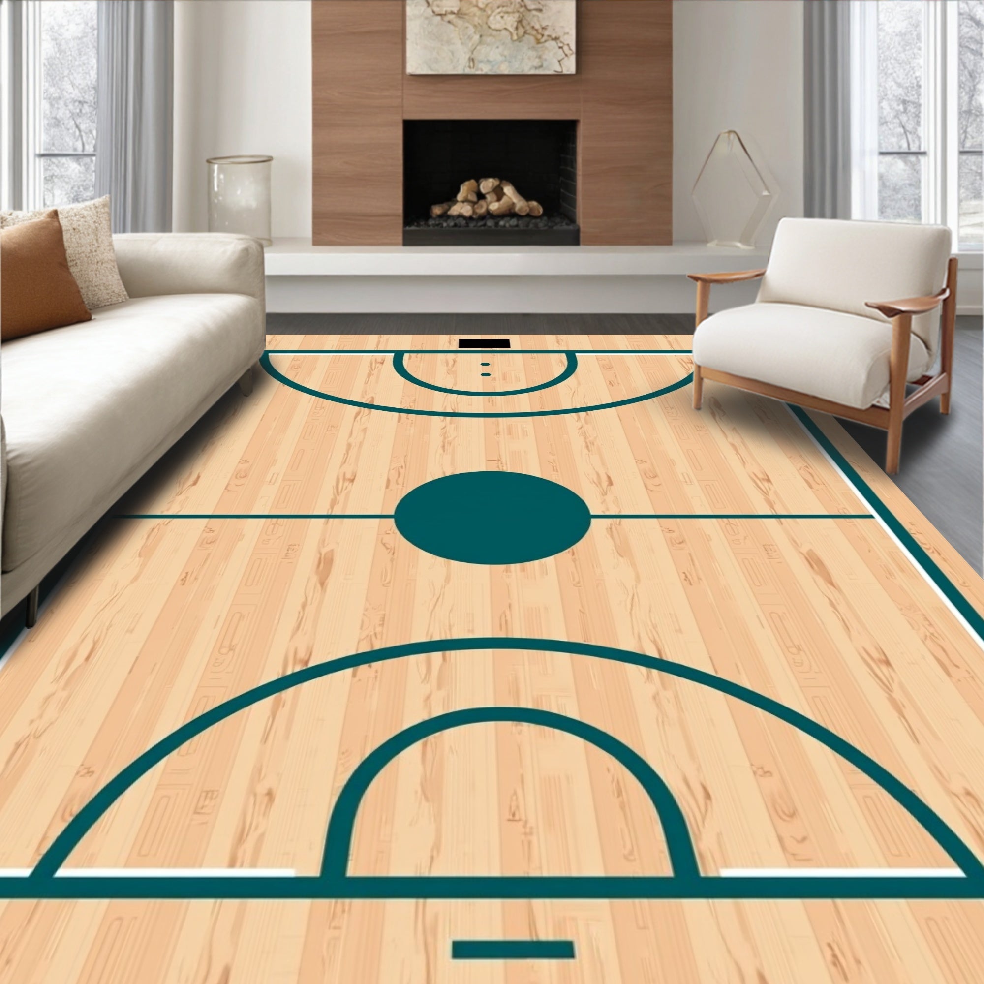 Basketball Court Wood Grain Teal Lines Rug