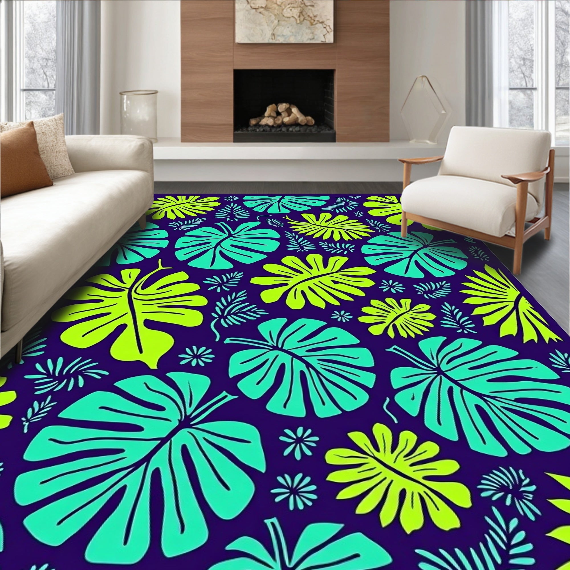 Vibrant Neon Tropical Monstera Leaf Rug