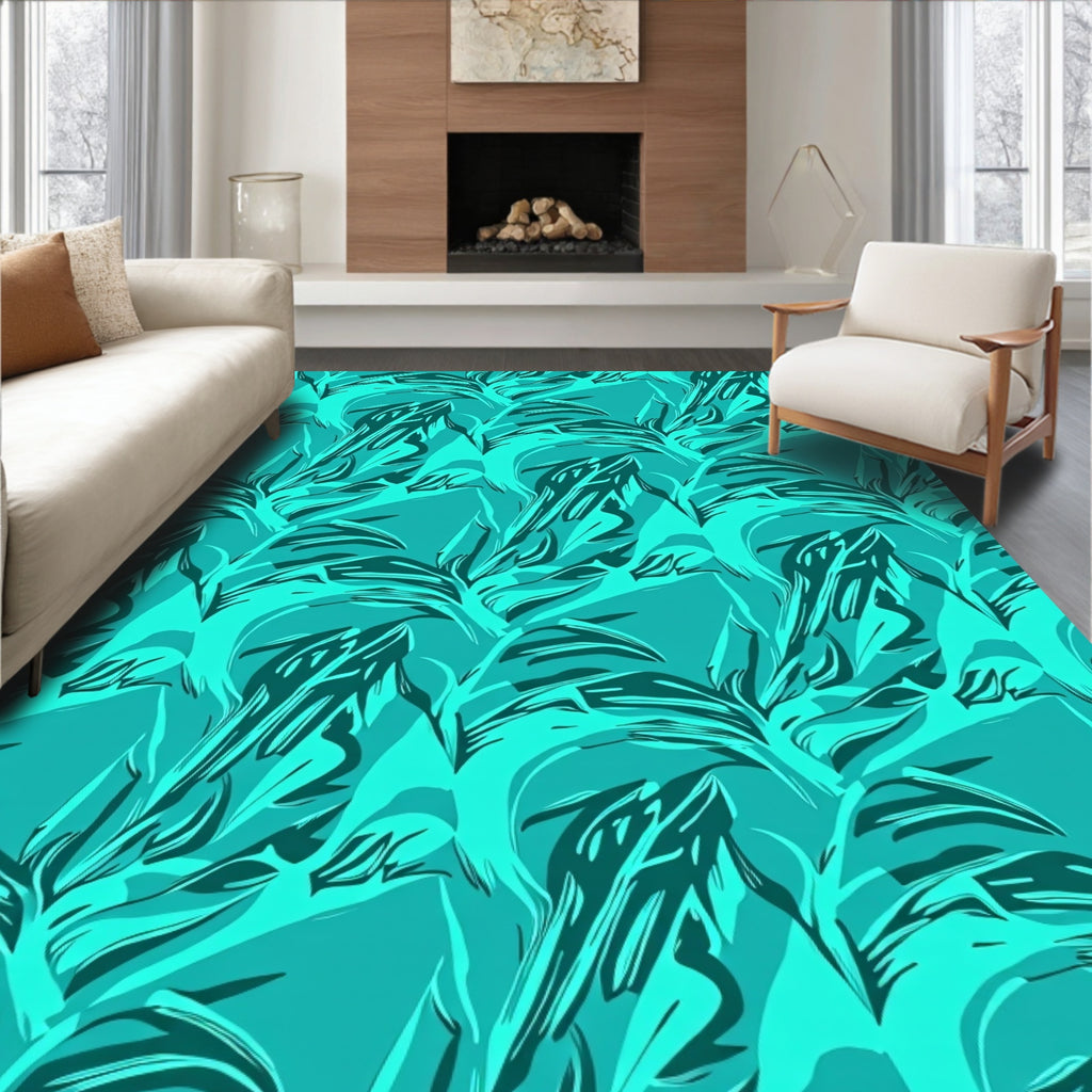 Aqua Abstract Tropical Leaf Rug