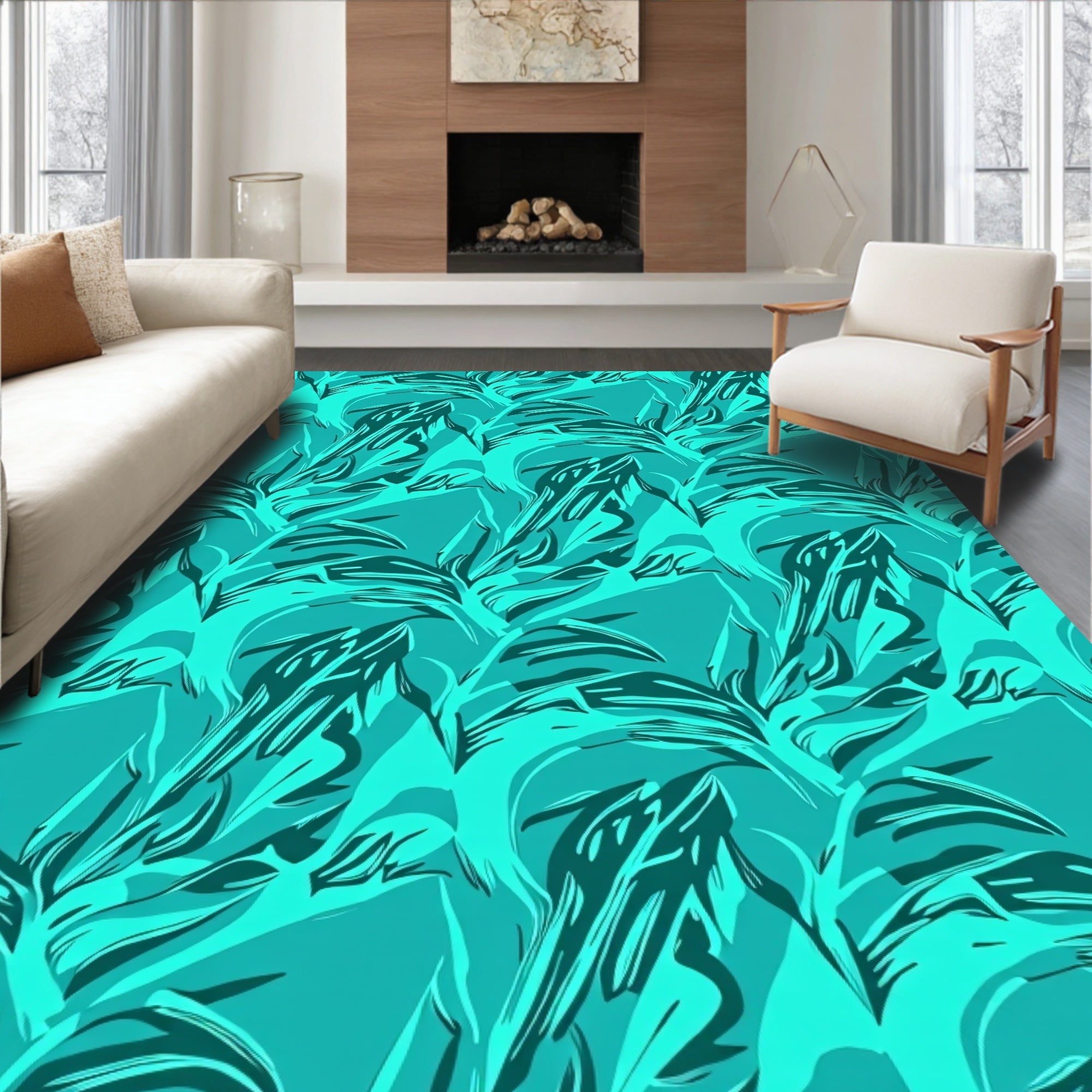 Aqua Abstract Tropical Leaf Rug
