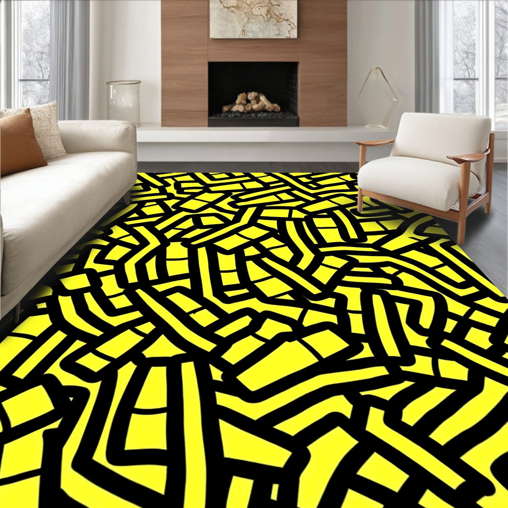 Bright Yellow Black Abstract Labyrinth Rug