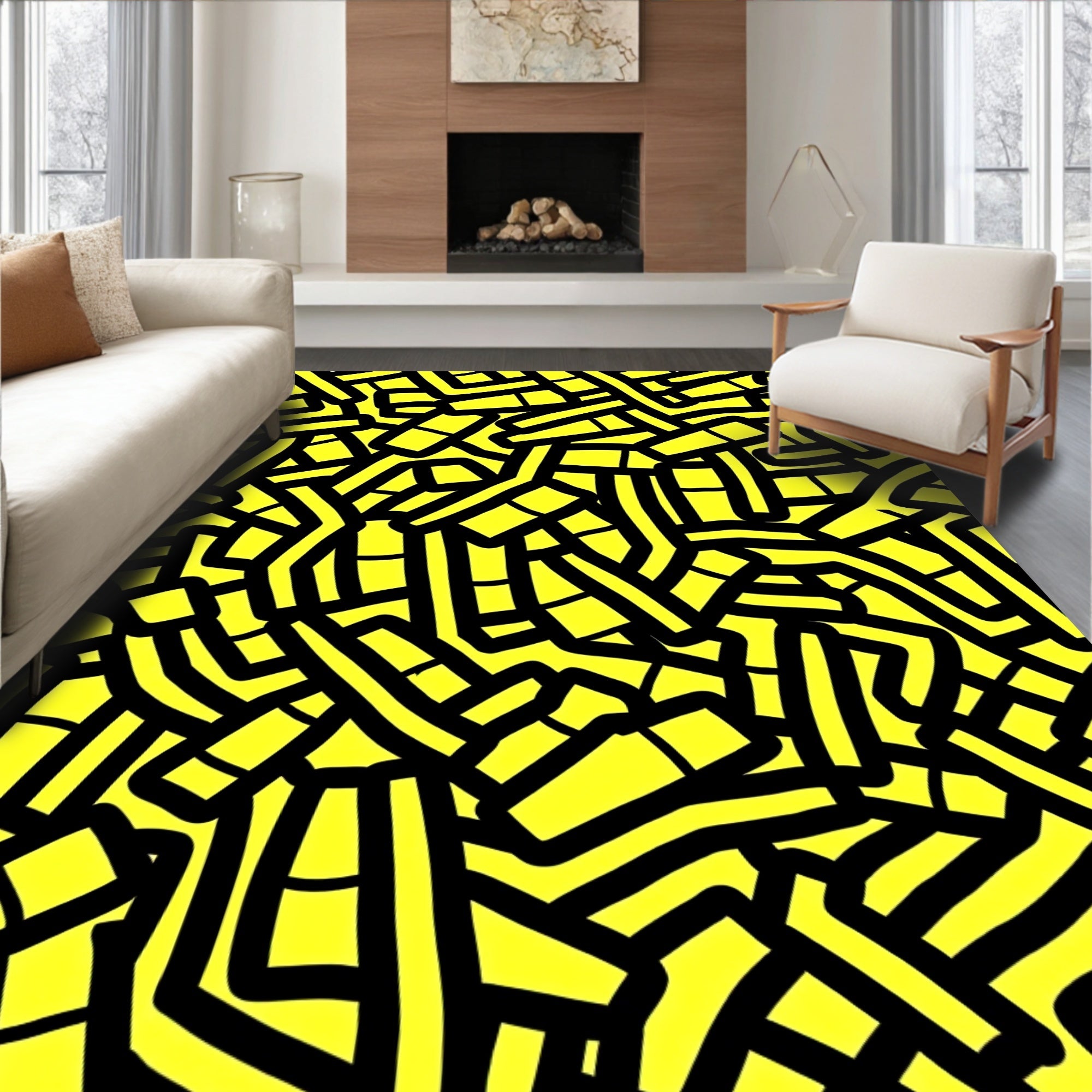 Bright Yellow Black Abstract Labyrinth Rug