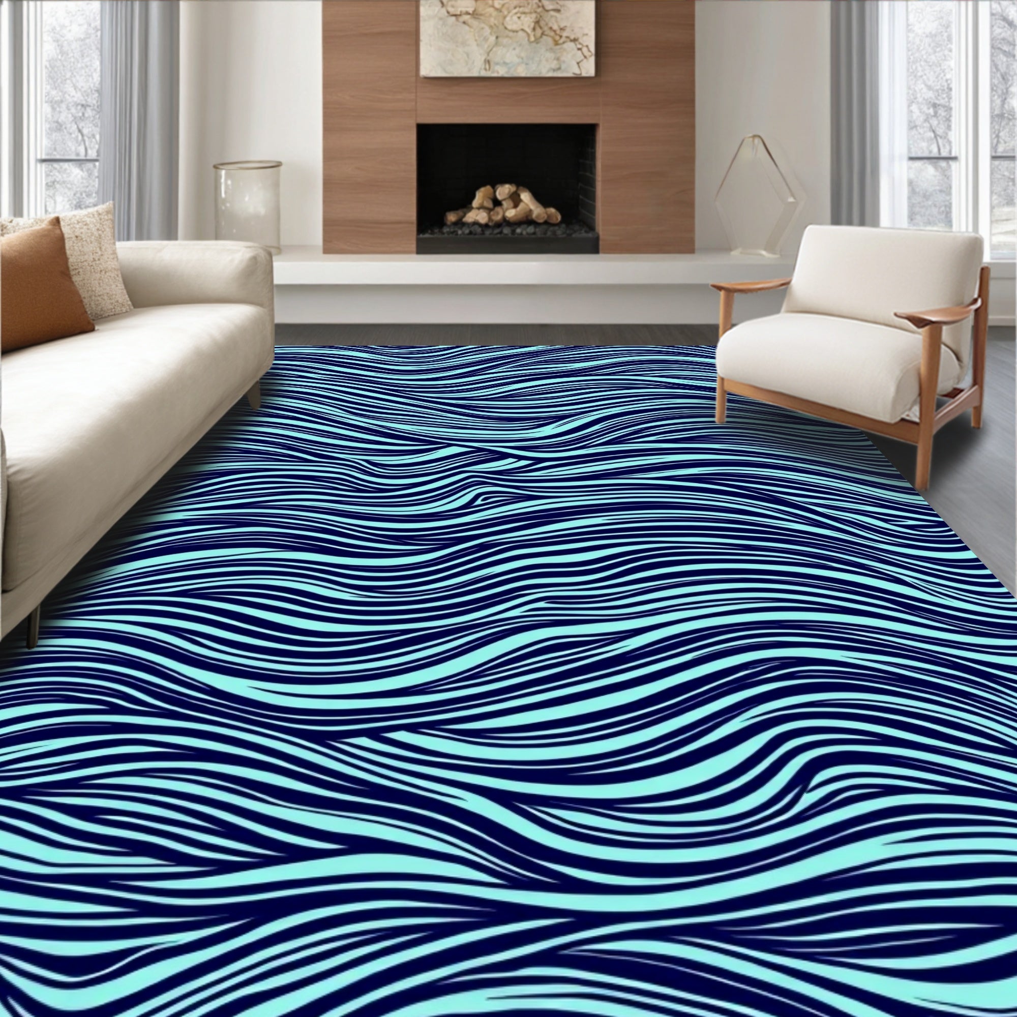 Navy And Aqua Abstract Waves Rug