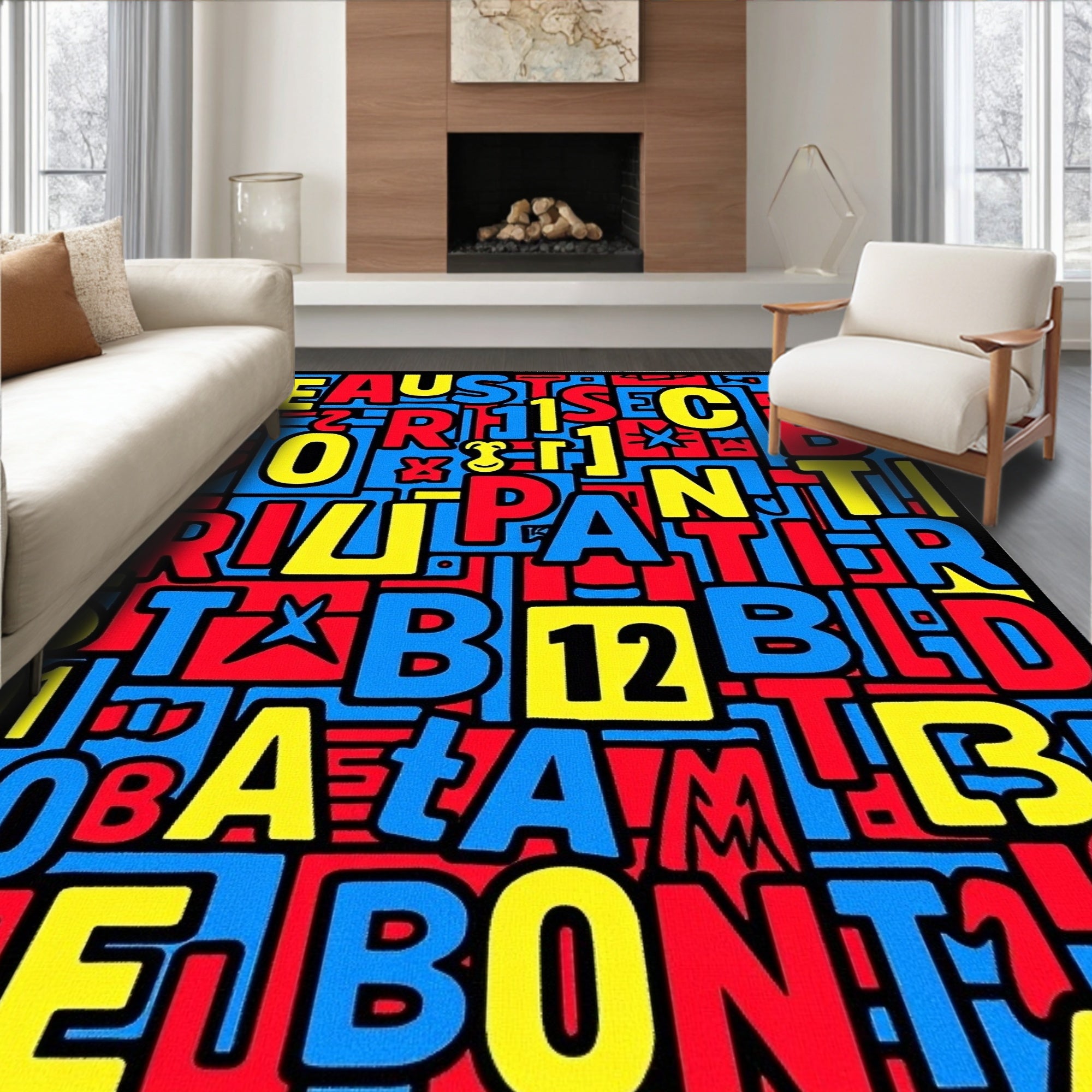 Bold Red Blue Yellow Letter Collage Rug
