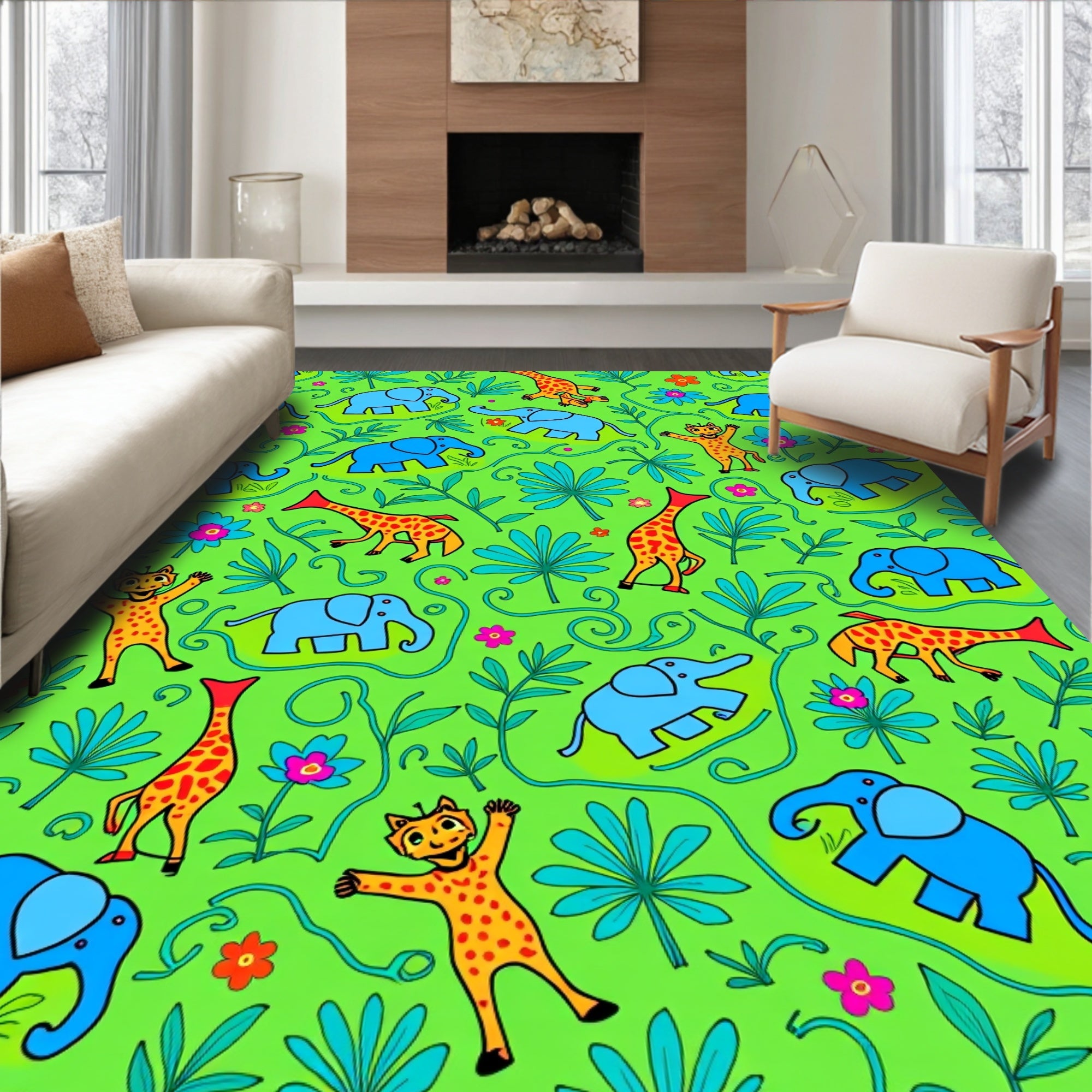 Vibrant Jungle Animals Flower Foliage Rug
