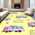 Pink Retro Camper Stars Yellow Background Rug