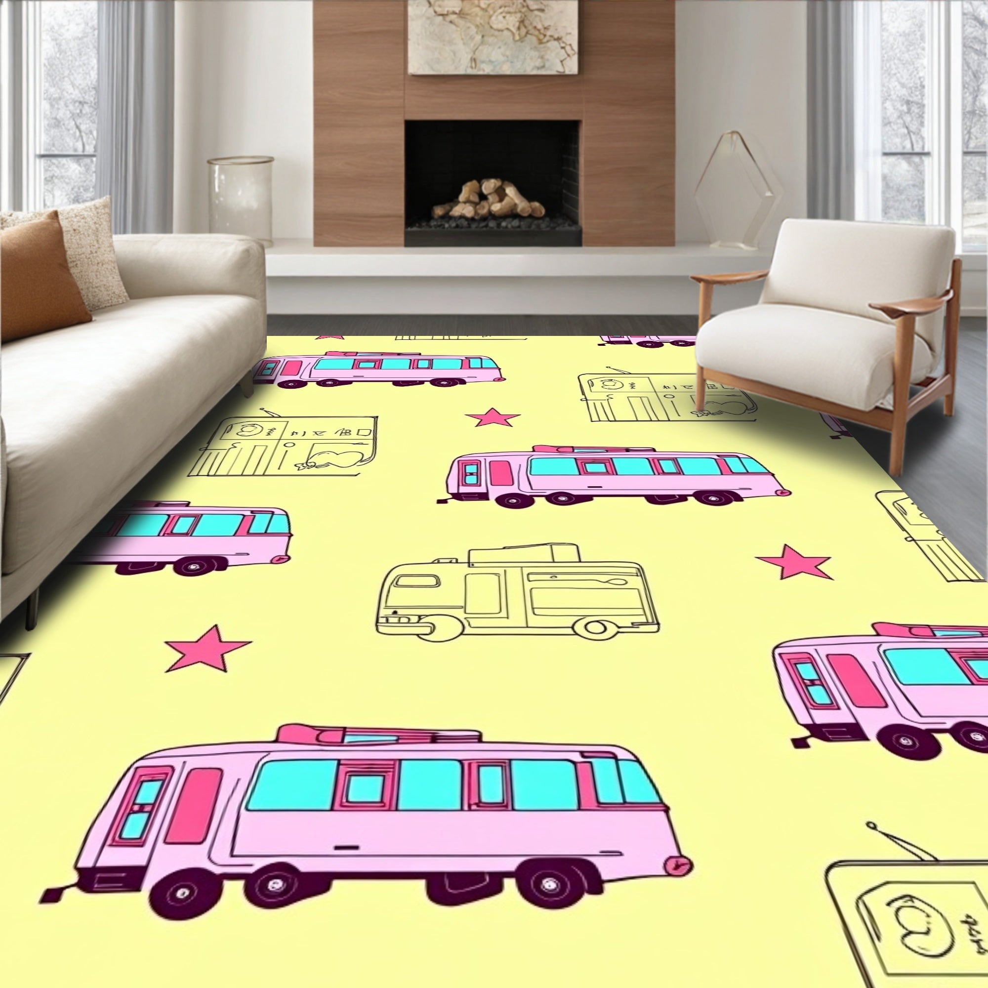 Pink Retro Camper Stars Yellow Background Rug
