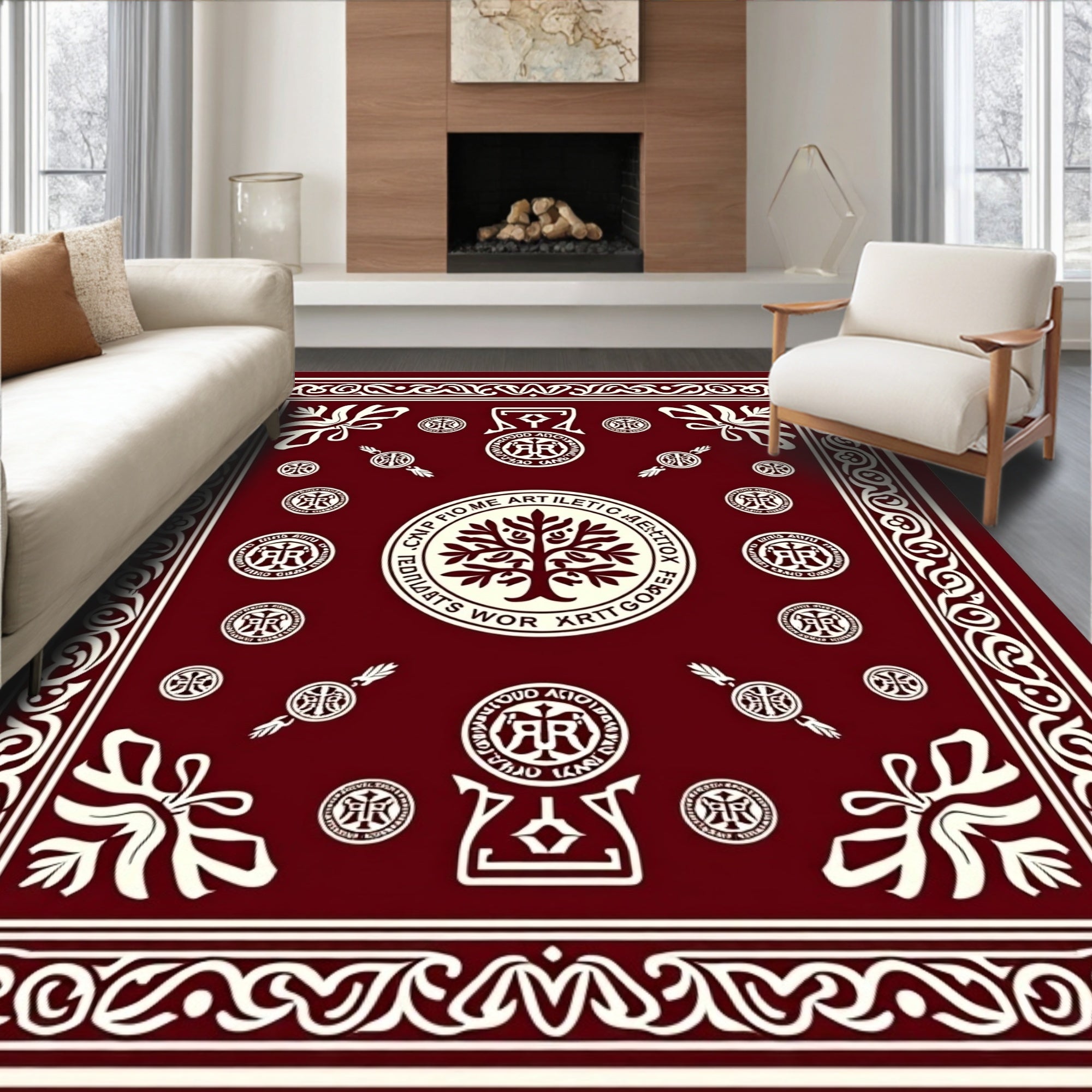 Deep Red Laurel Crest Tree Medallion Rug